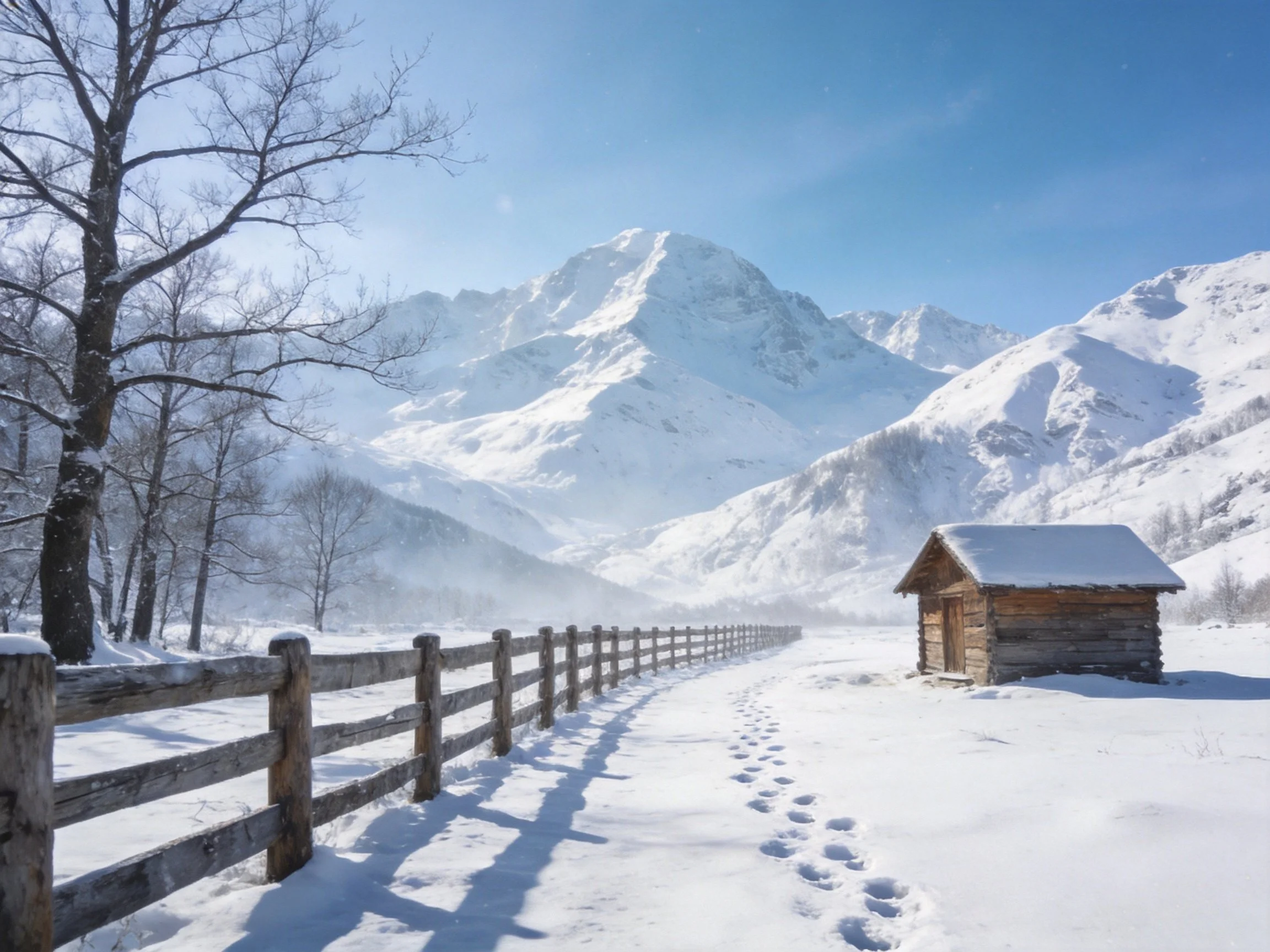 Snowy mountain valley with wooden cabin, fence, and footprints