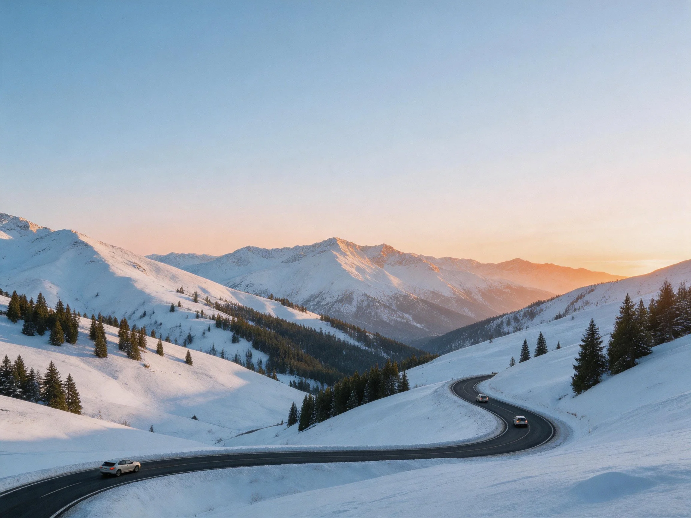 Snowy mountainous landscape with winding road and pine trees
