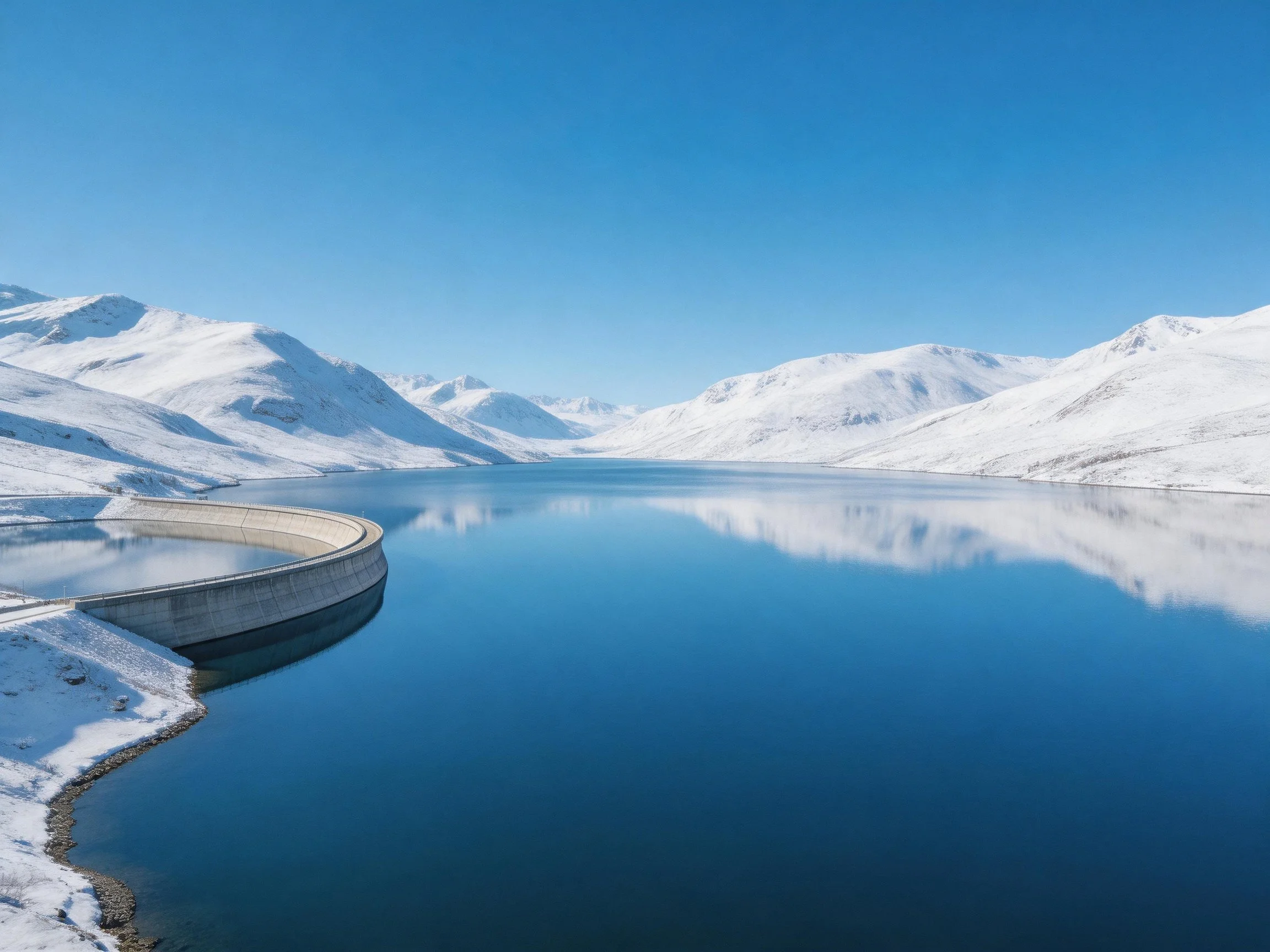 Snowy mountains encircle a calm blue reservoir with a curved dam