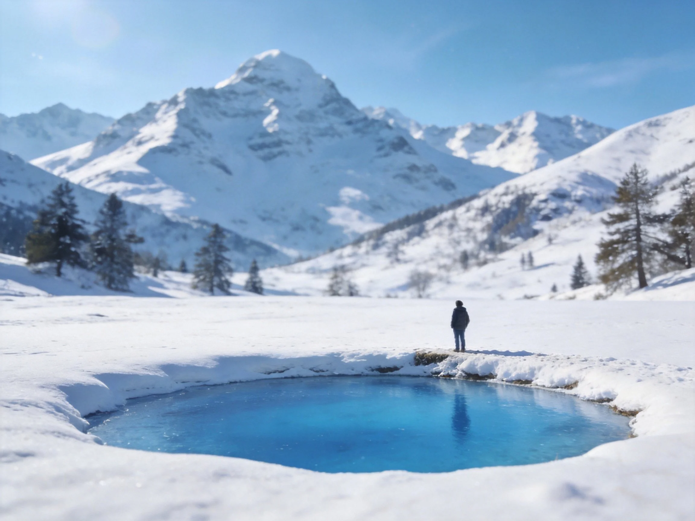 Snowy mountains surround a bright blue pool with one person