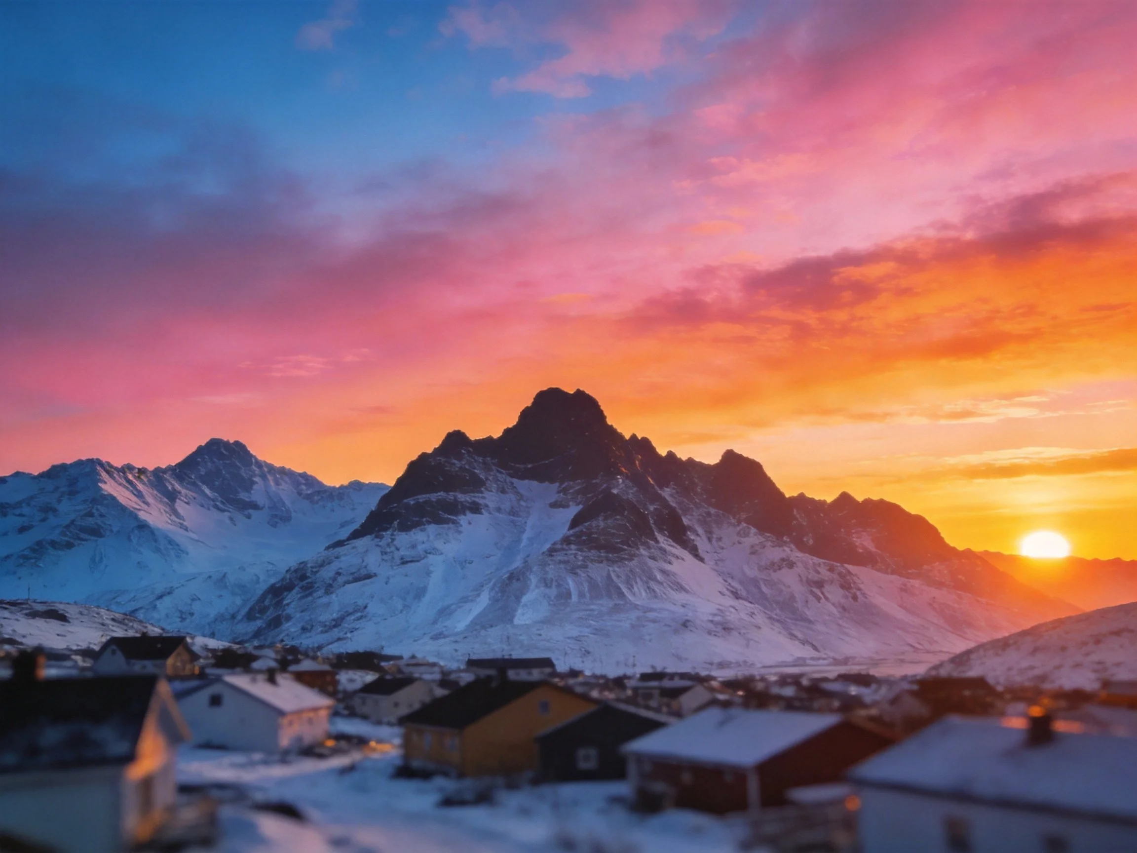 Snowy mountains with vibrant sunset over a small village