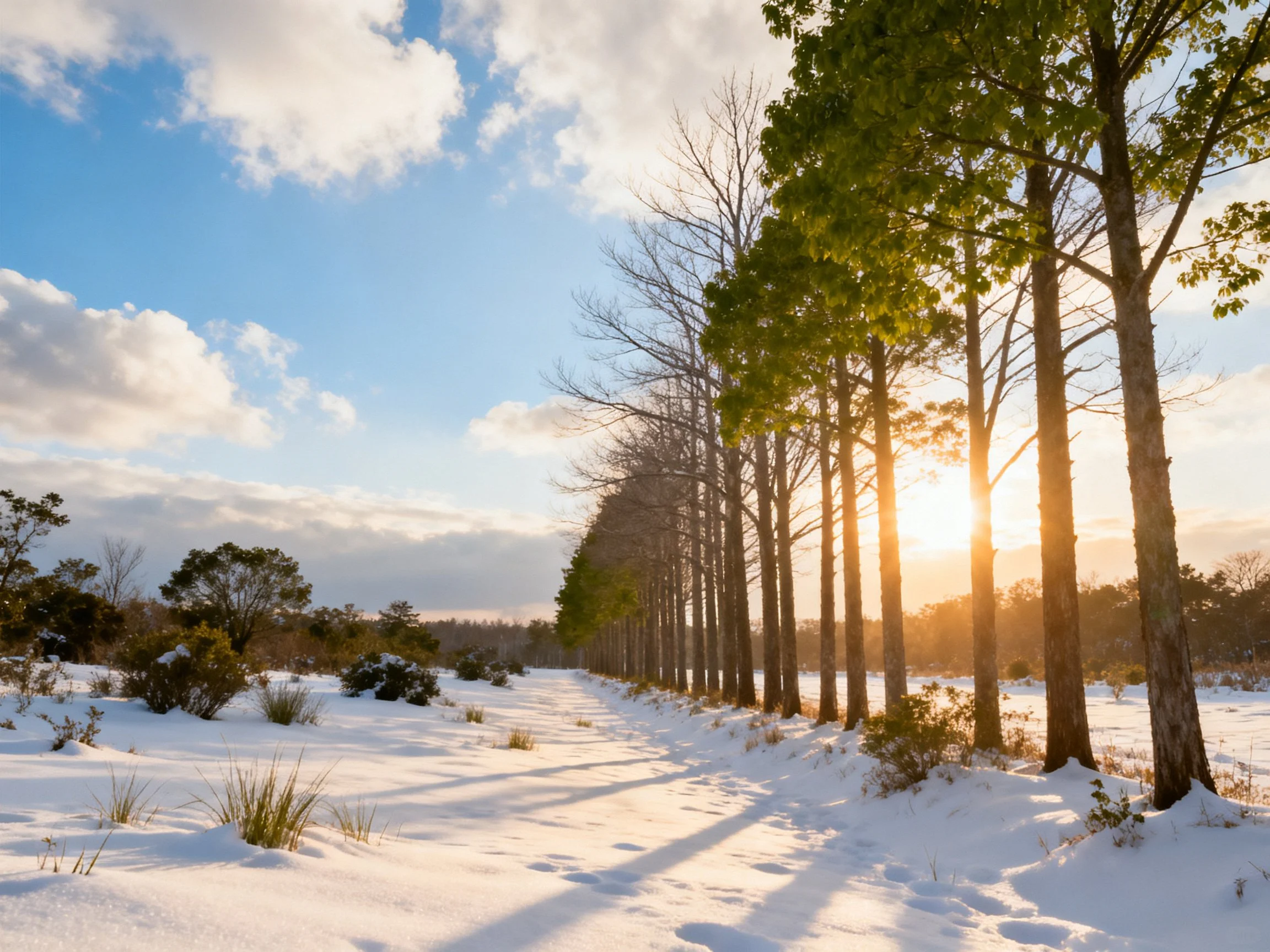 Snowy path lined with mixed trees under golden sunlight