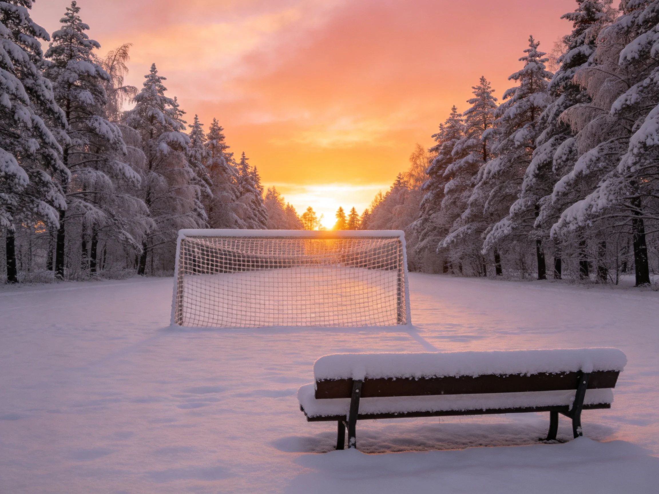 Snowy soccer field with goal, bench, and forest at sunset