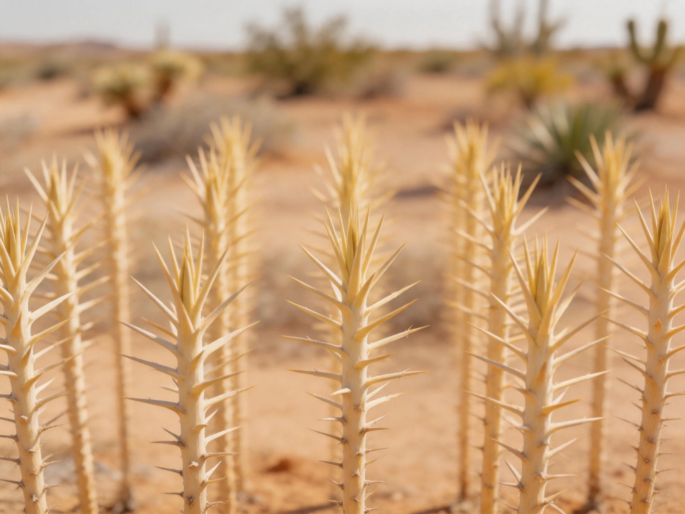 Spiky desert plants in sandy terrain with distant cacti