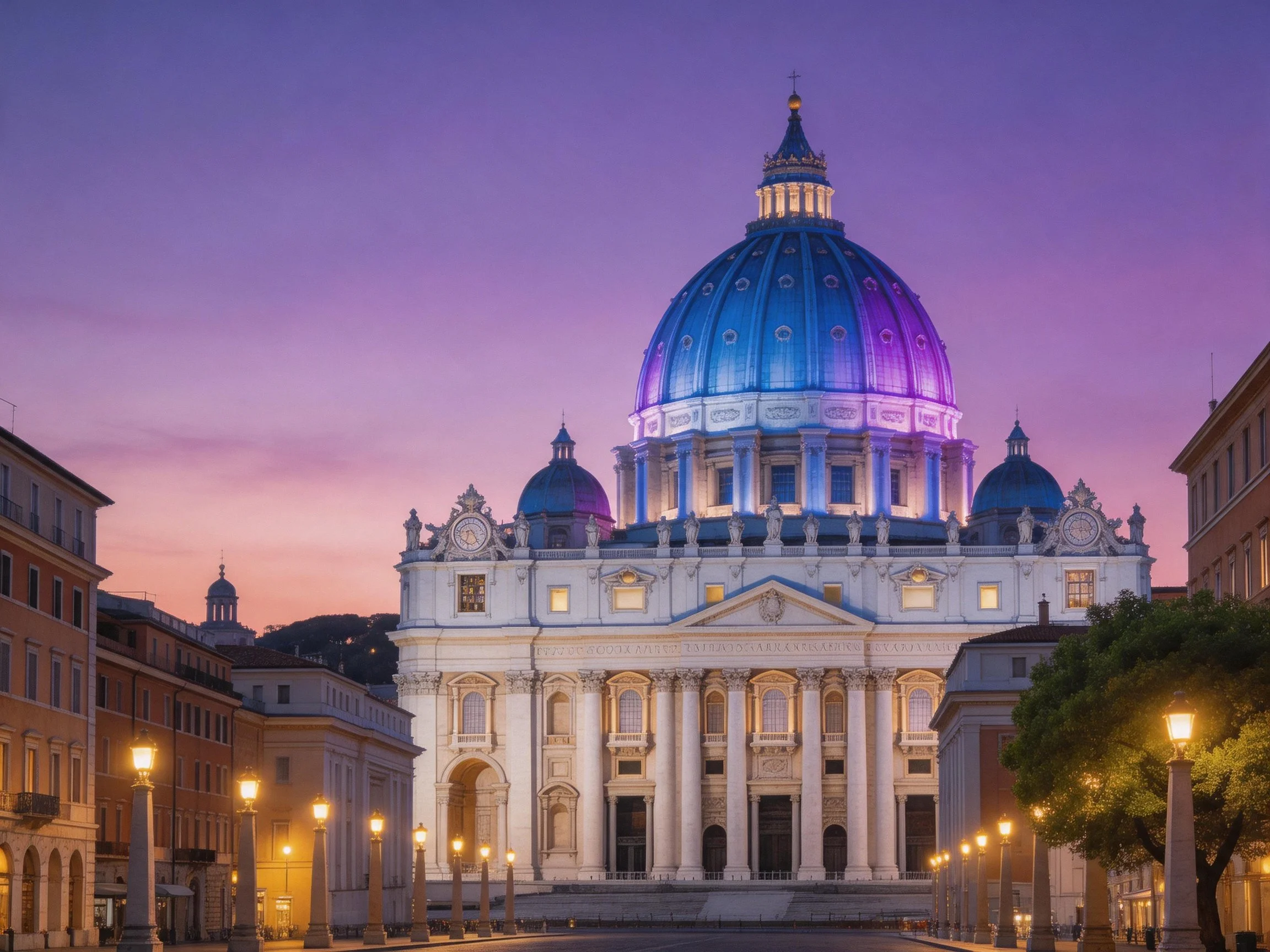 St. Peters Basilica illuminated in blue-purple twilight