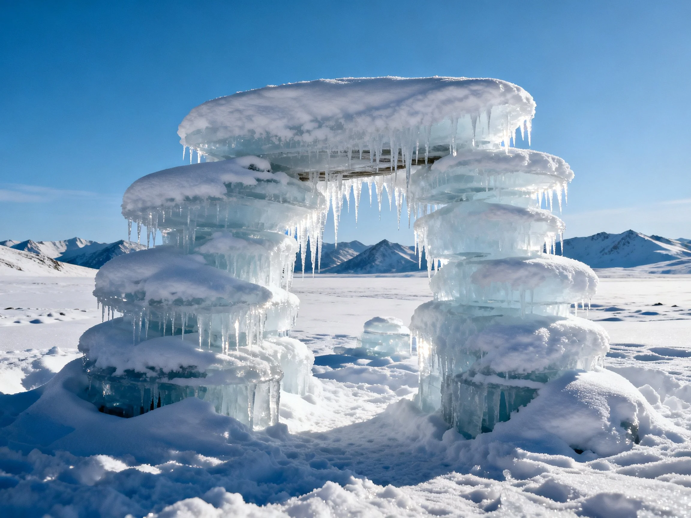 Stacked icy arch structure with icicles in snowy open landscape