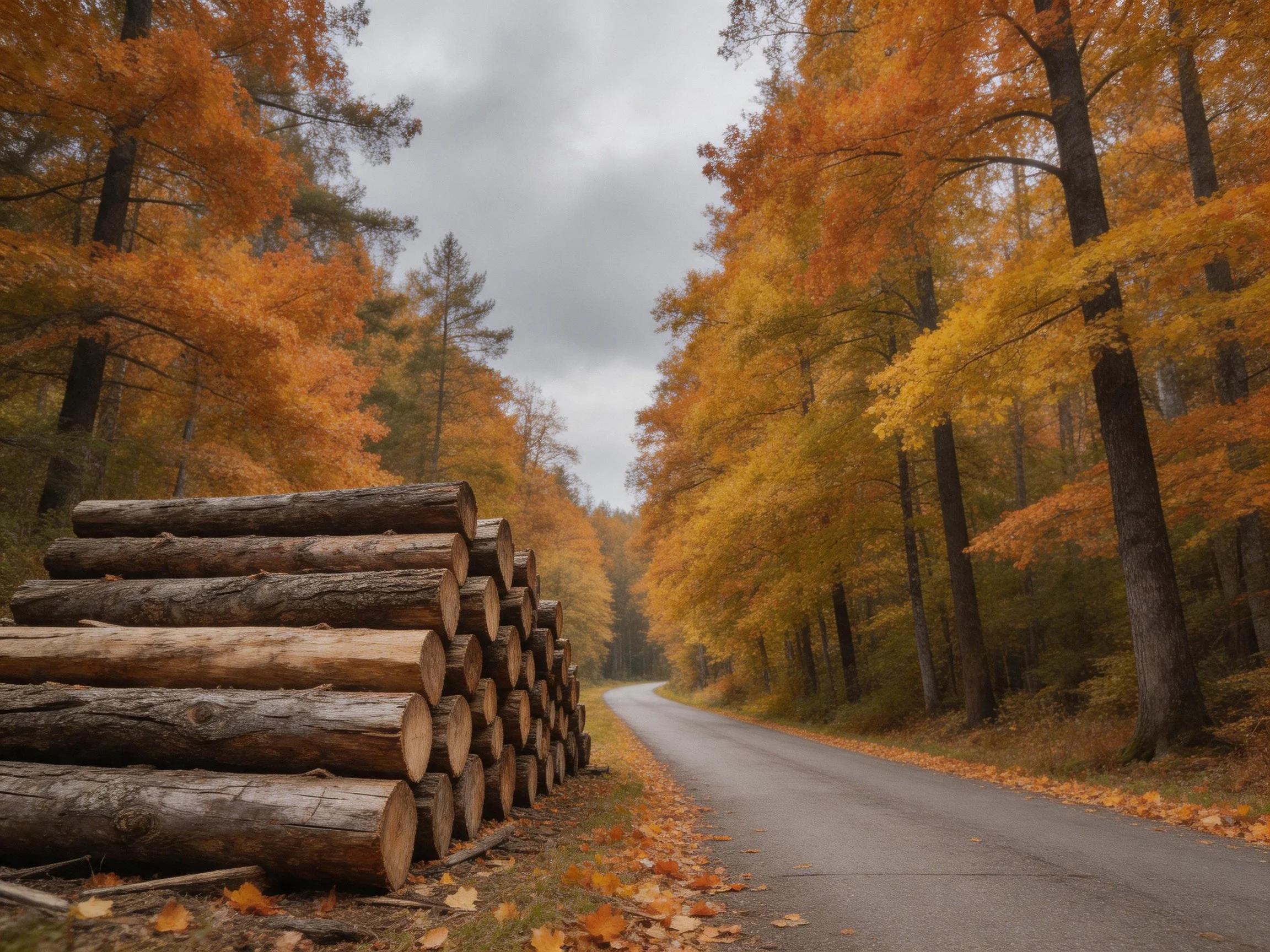 Stacked logs by winding forest road amid vibrant fall foliage