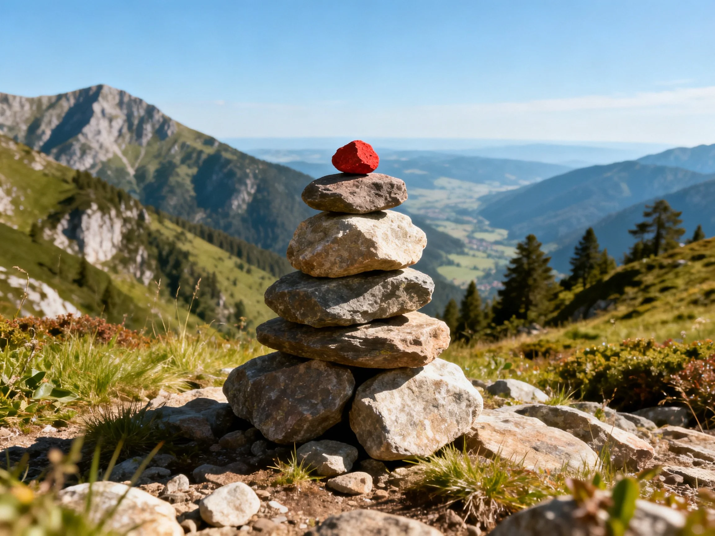 Stacked stone cairn with red cap overlooks mountain valley
