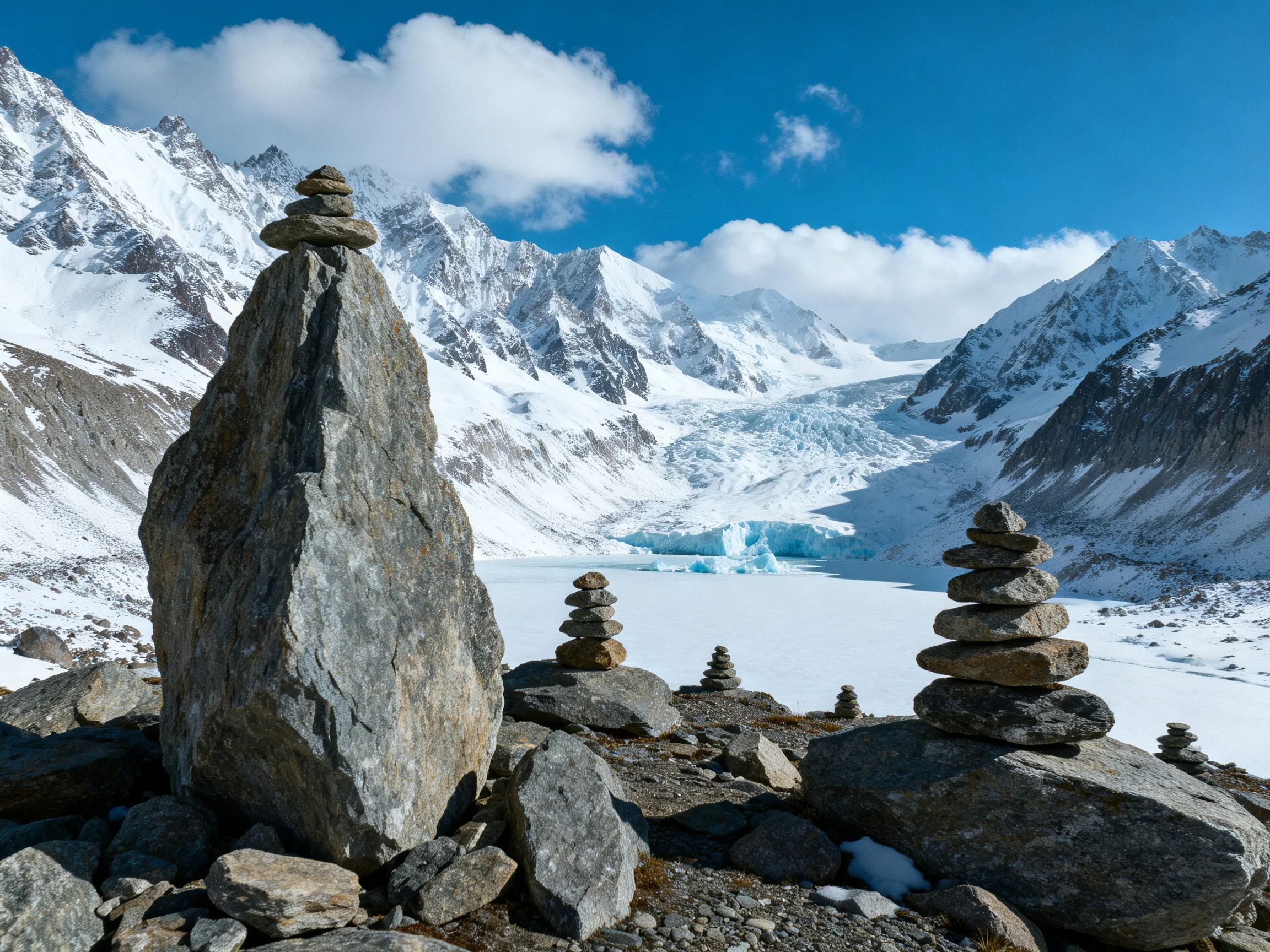 Stacked stone formations beside an icy glacier with snow - covered mountains