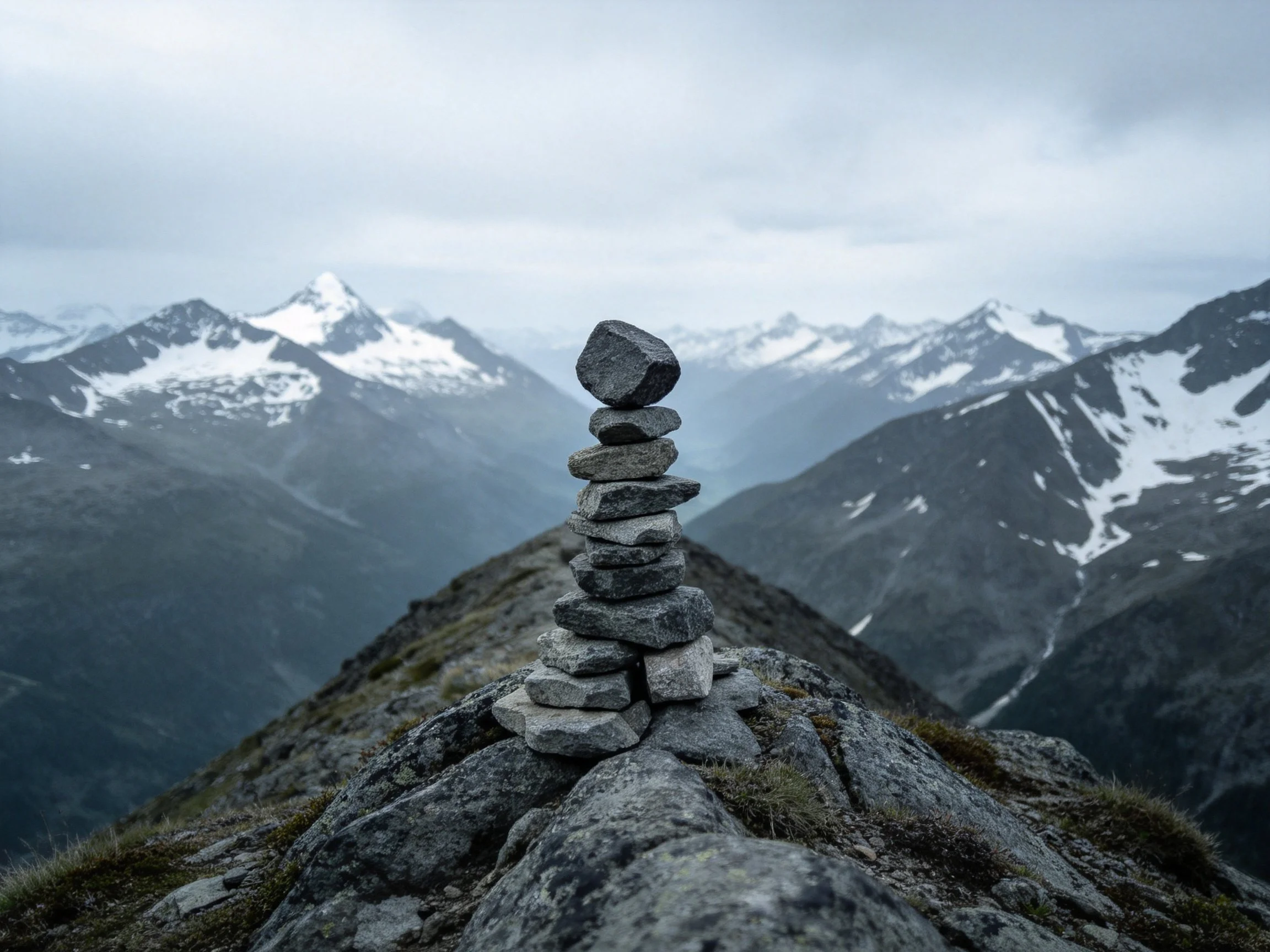 Stacked stones form a cairn on a rocky mountain ridge with snow-capped peaks
