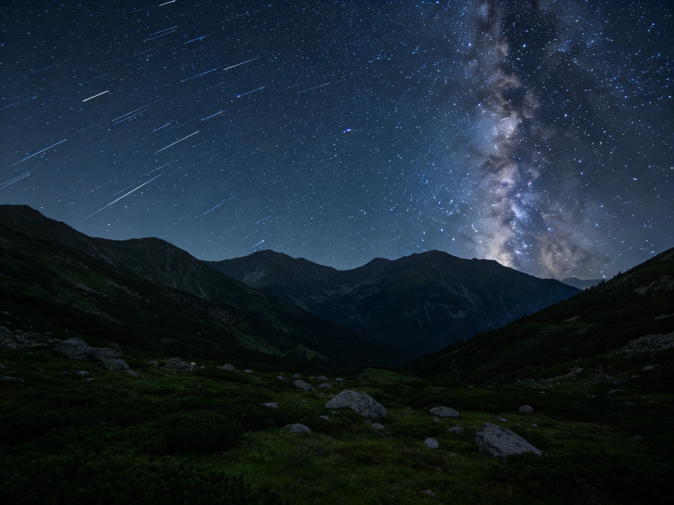 Star Trails and Milky Way Over Dark Mountain Valley