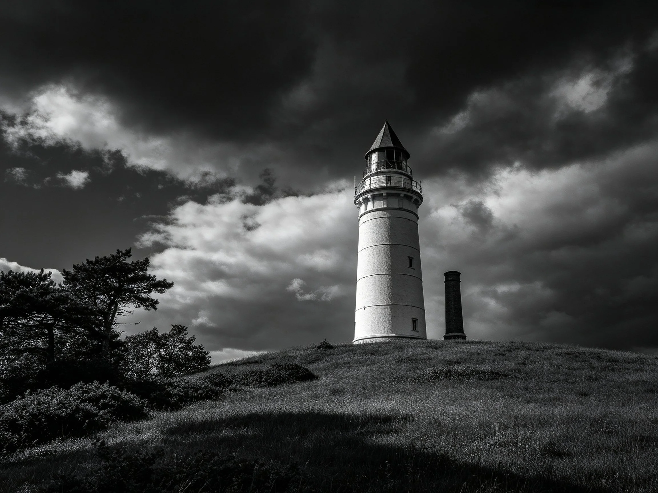 Stark black-and-white lighthouse atop grassy hill under stormy sky