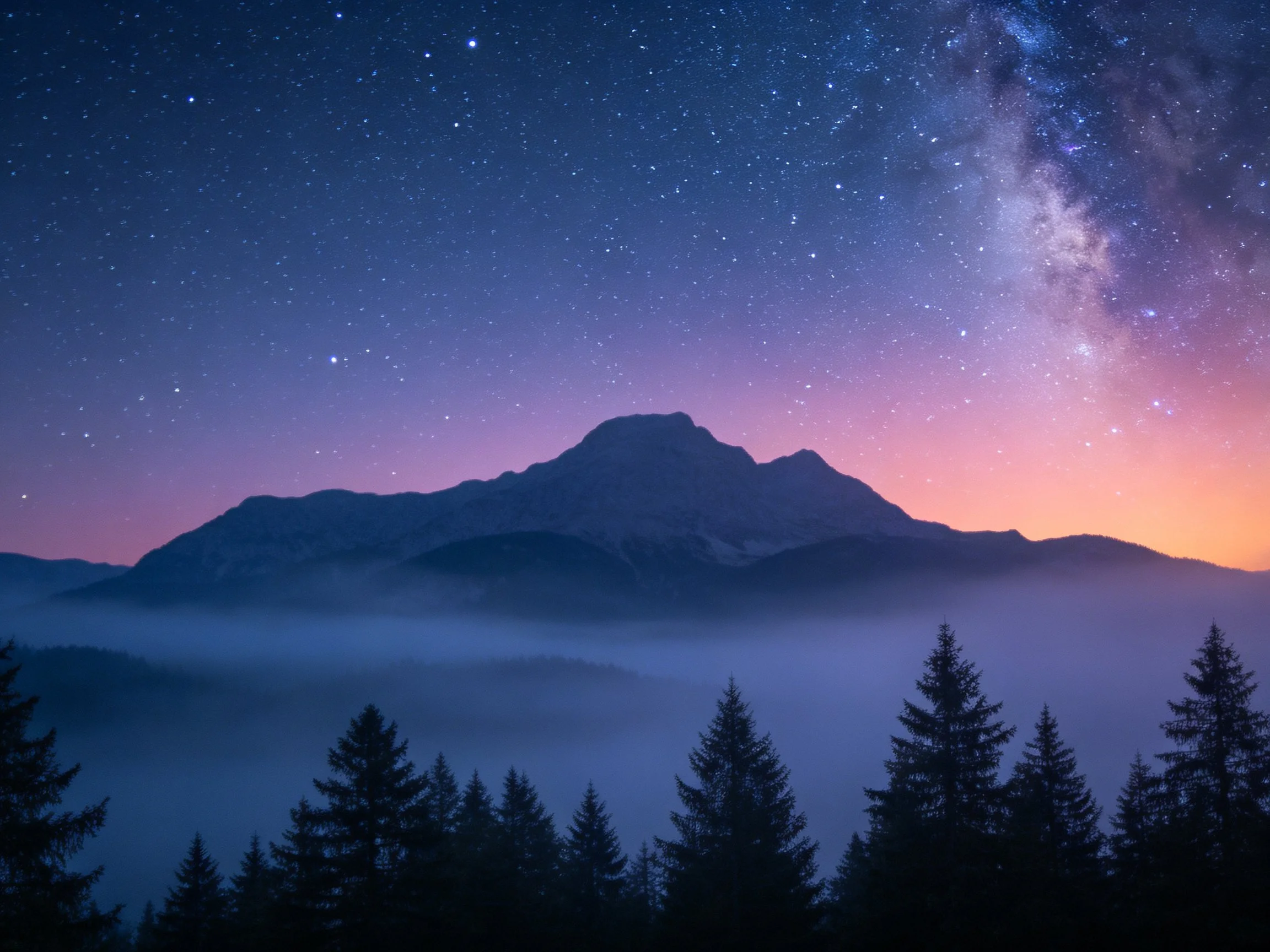 Starry Night Landscape with Mountain Peaks and Misty Forest