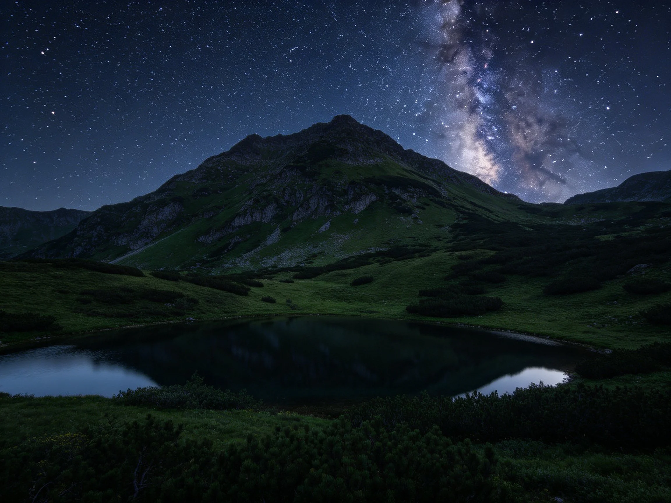 Starry Night Over Lush Mountain with Reflective Lake