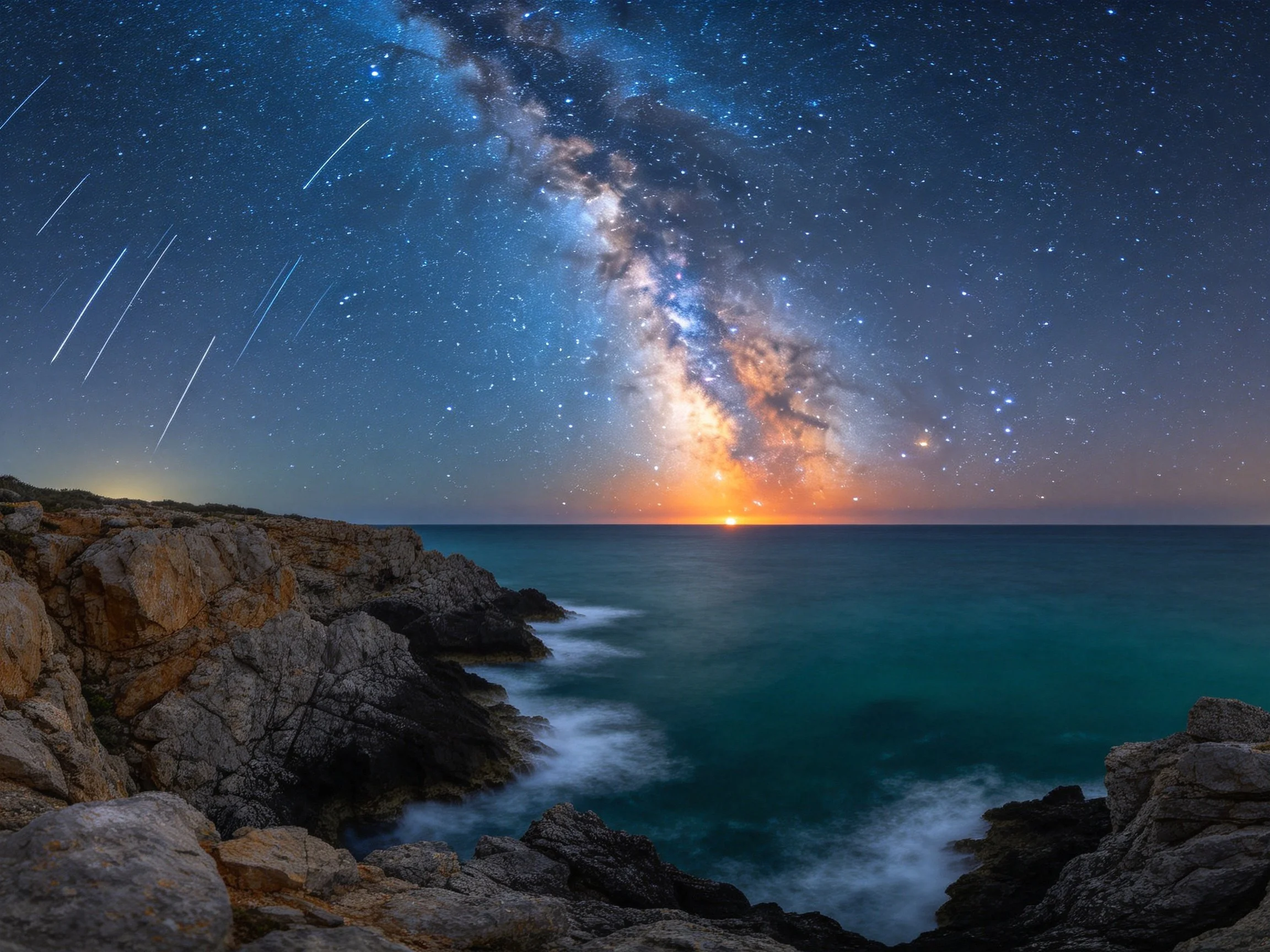 Starry Night Over Rocky Coastal Cliffs with Milky Way