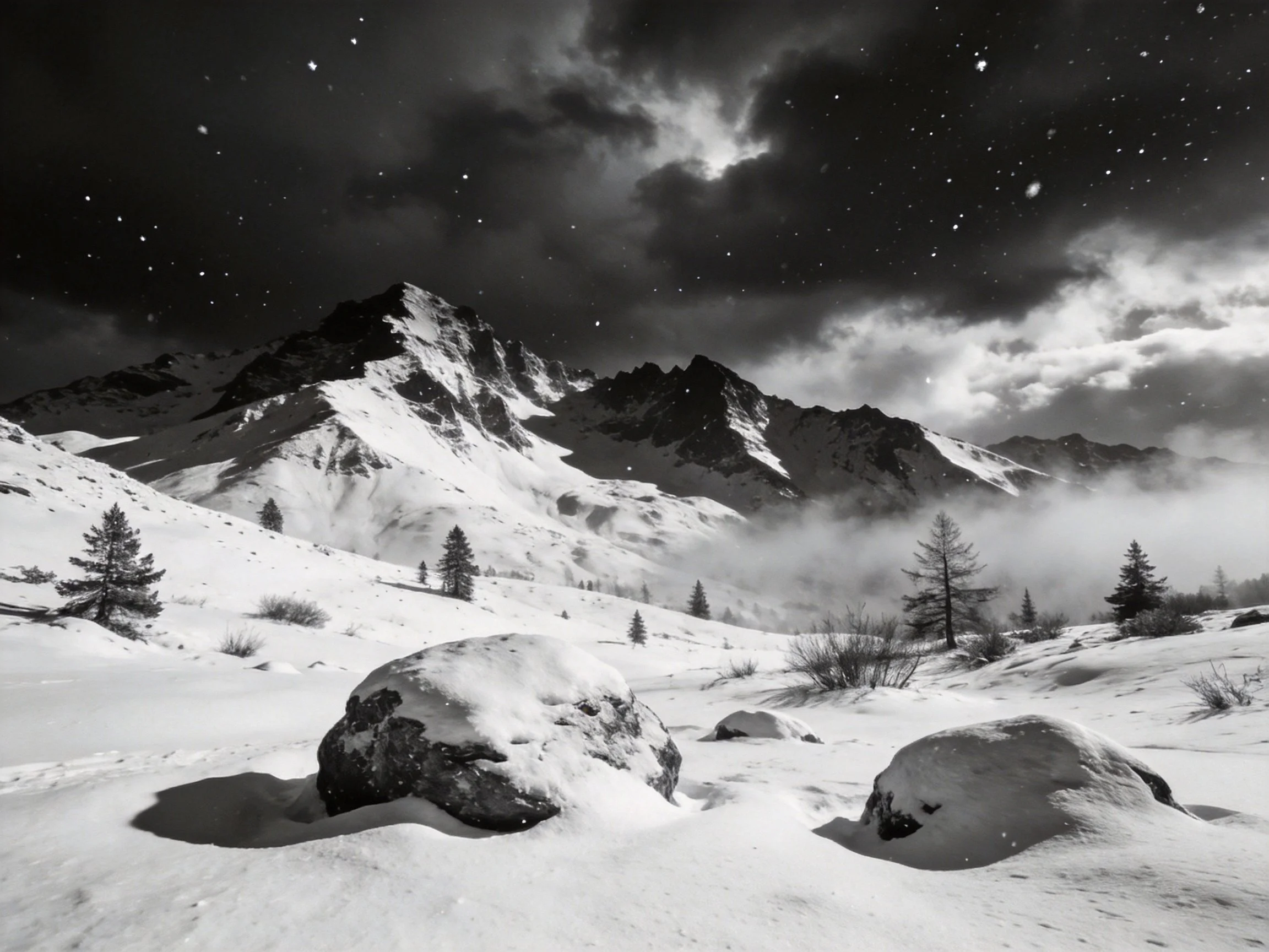 Starry Night Over Snow-Capped Mountain Landscape