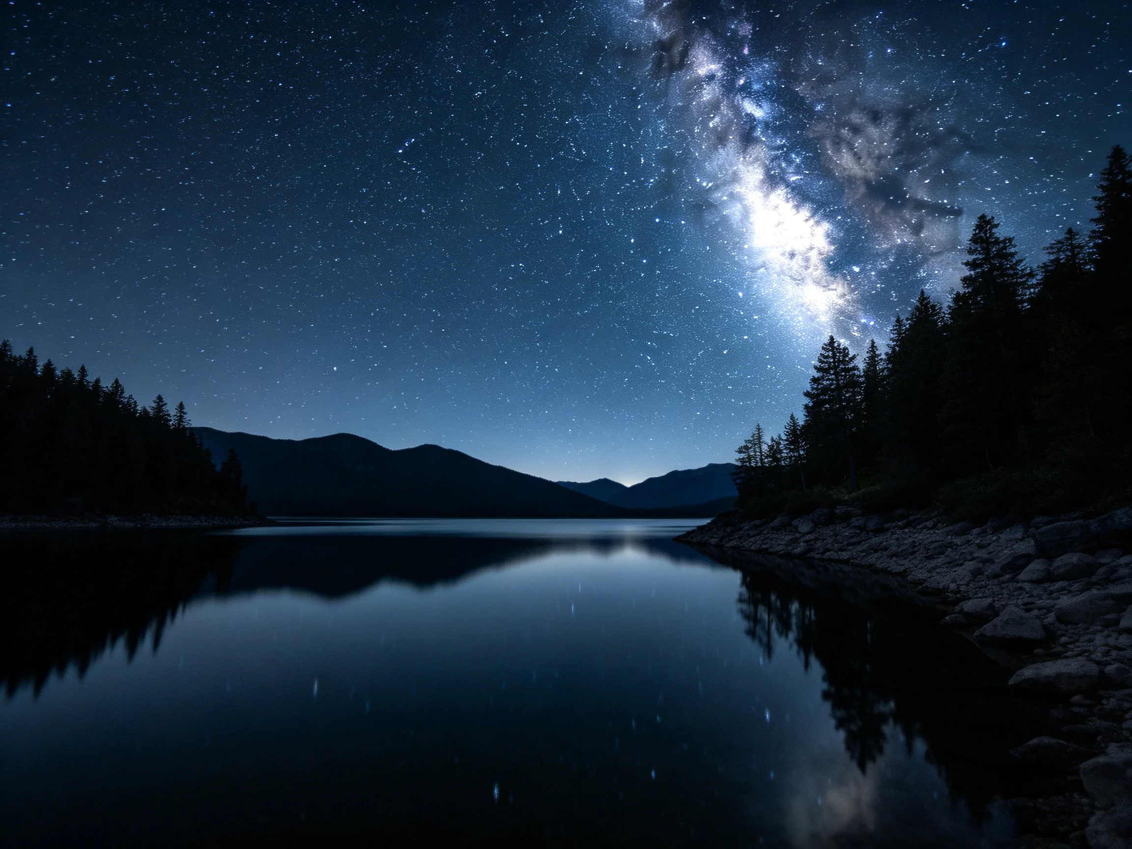Starry Night Sky Over Calm Lake With Milky Way Reflection