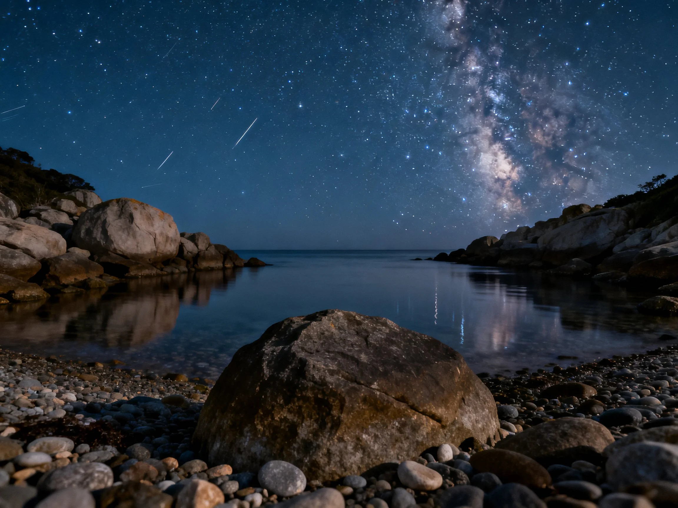 Starry Night Sky Over Rocky Coastal Shores with Milky Way