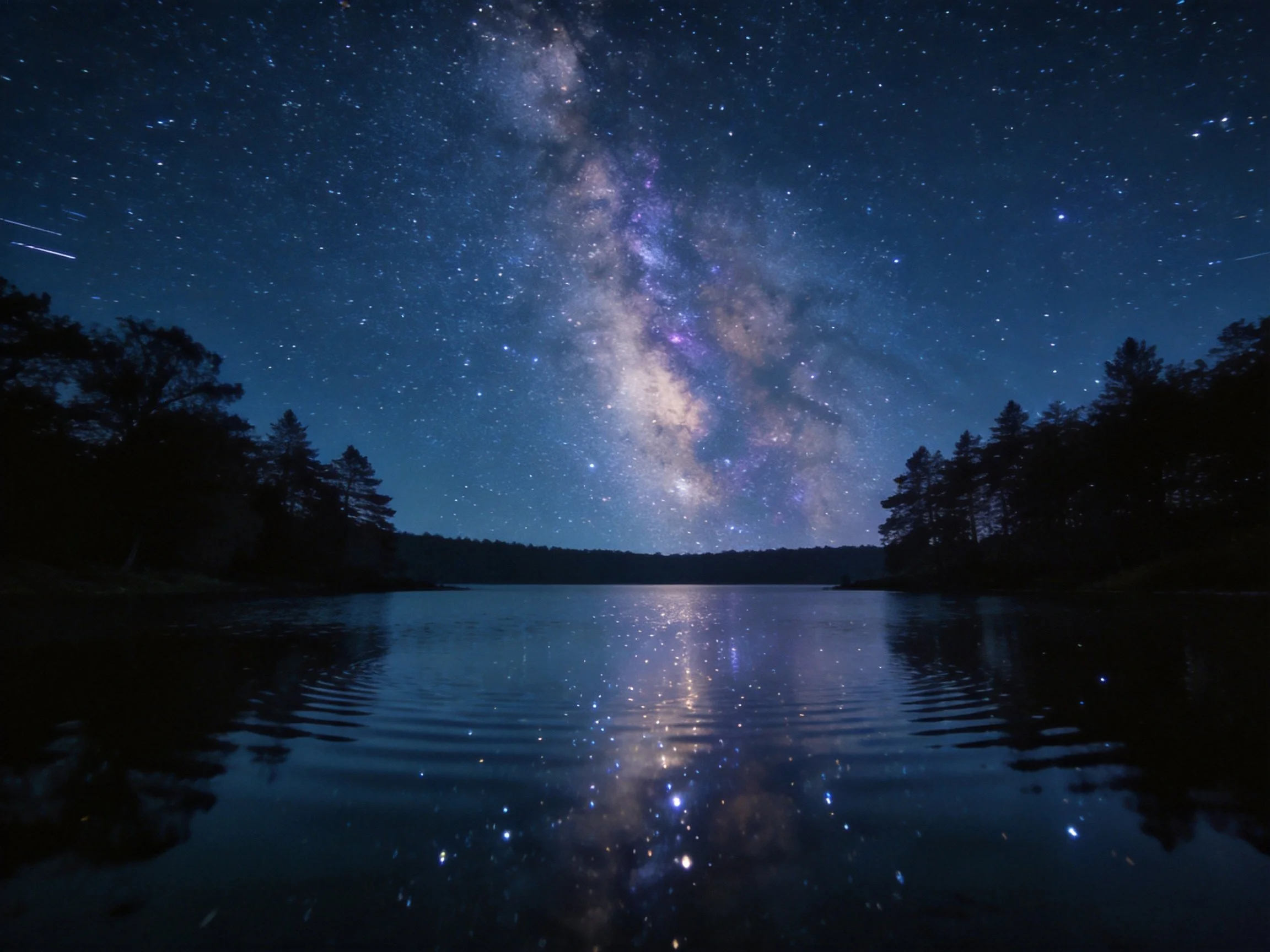 Starry Night Sky with Milky Way Reflecting on Serene Lake