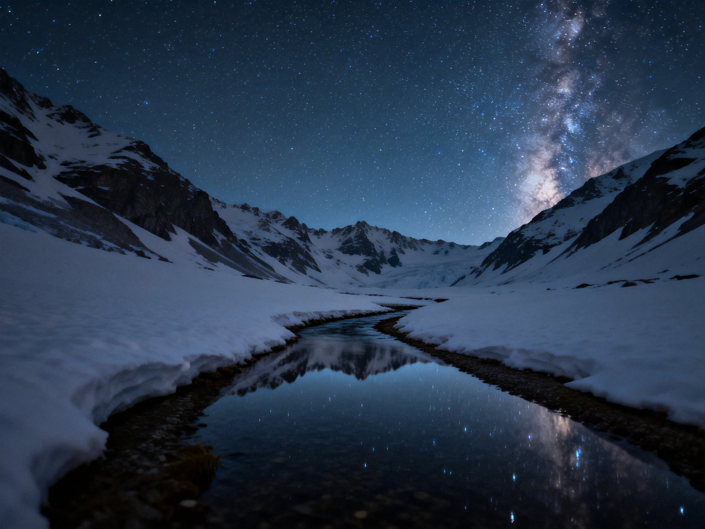 Starry night over snow-capped peaks with reflection in icy stream