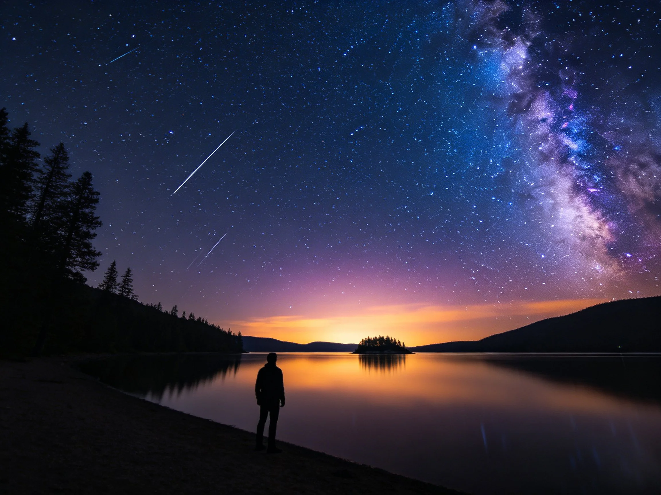 Starry night sky with Milky Way, shooting stars, and peaceful lake