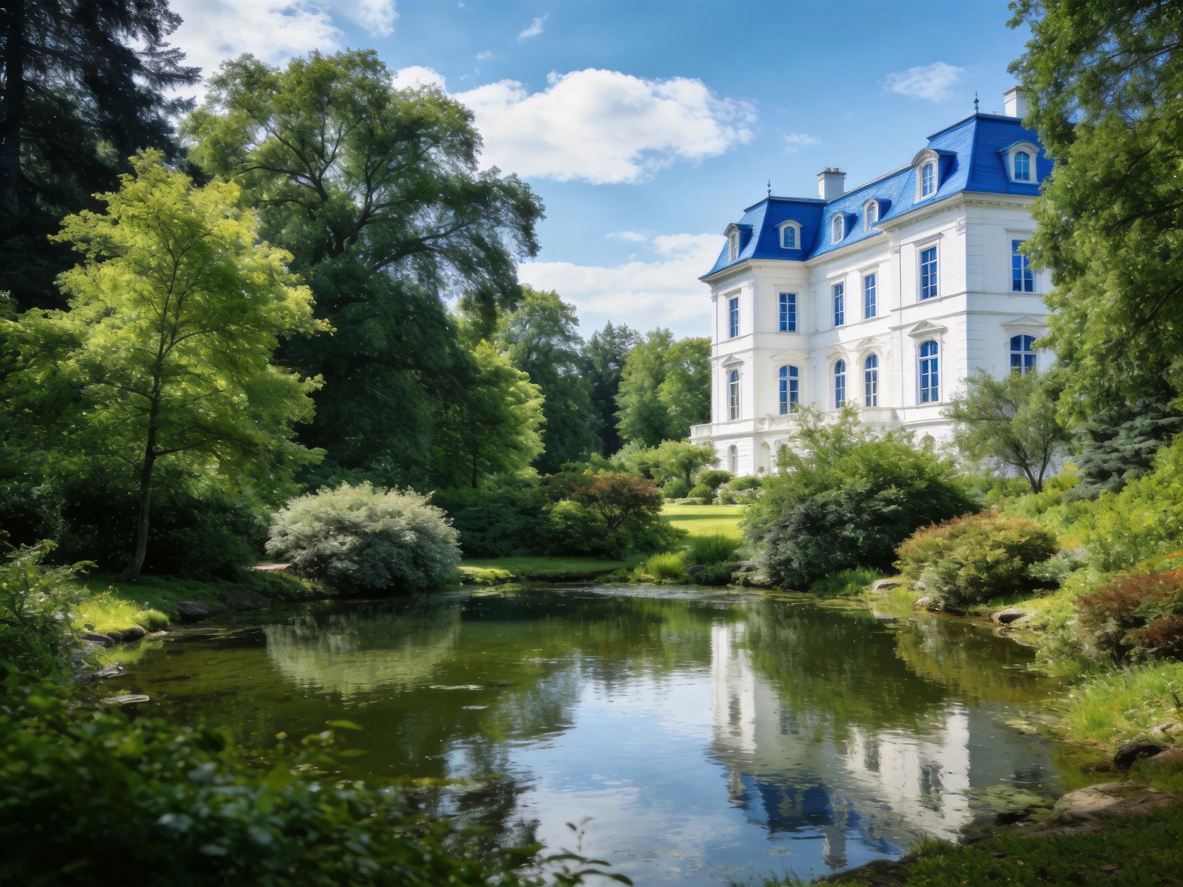 Stately white mansion with blue roof by a serene pond