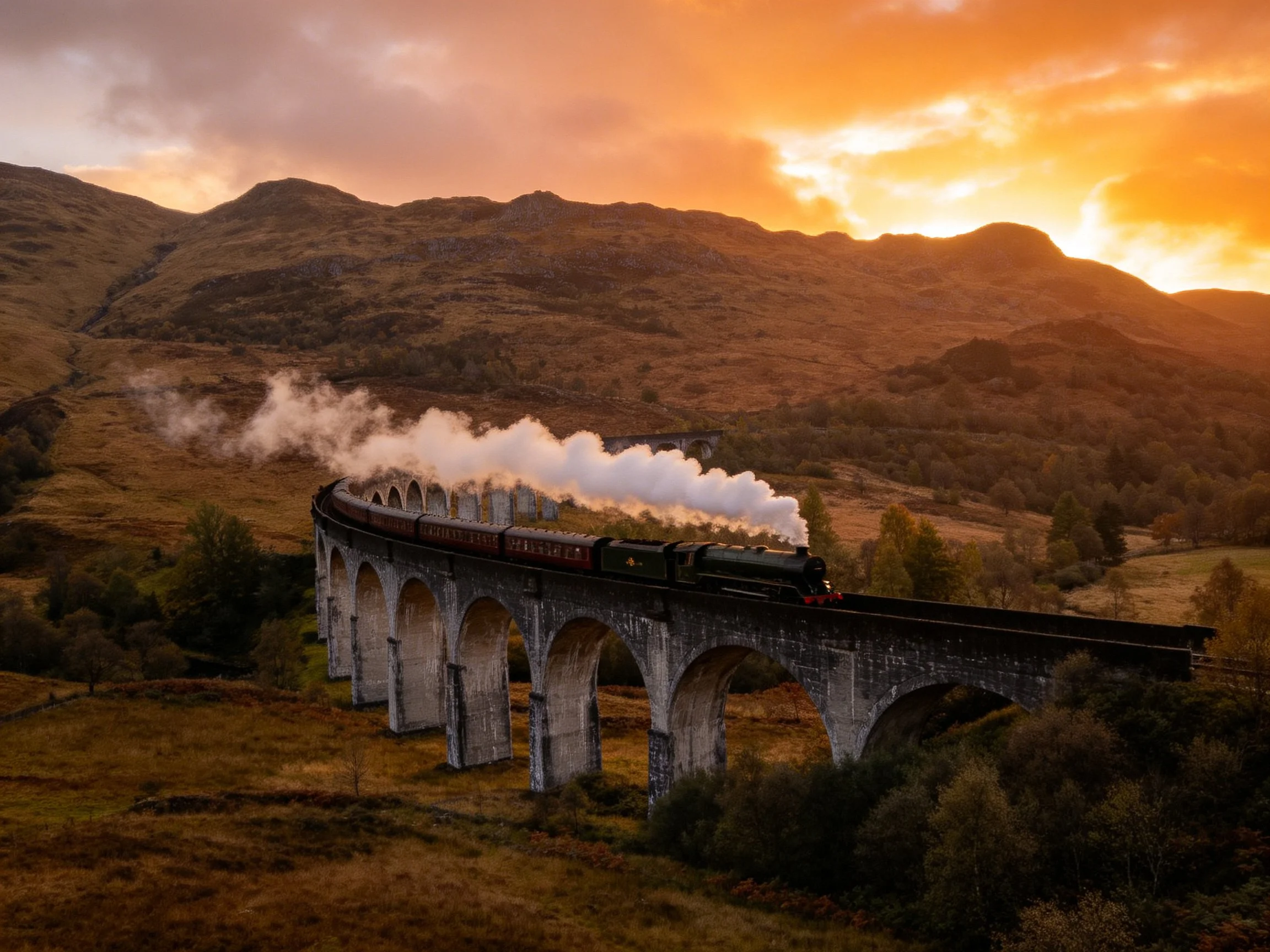 Steam Train Crossing Arched Viaduct at Golden Sunset