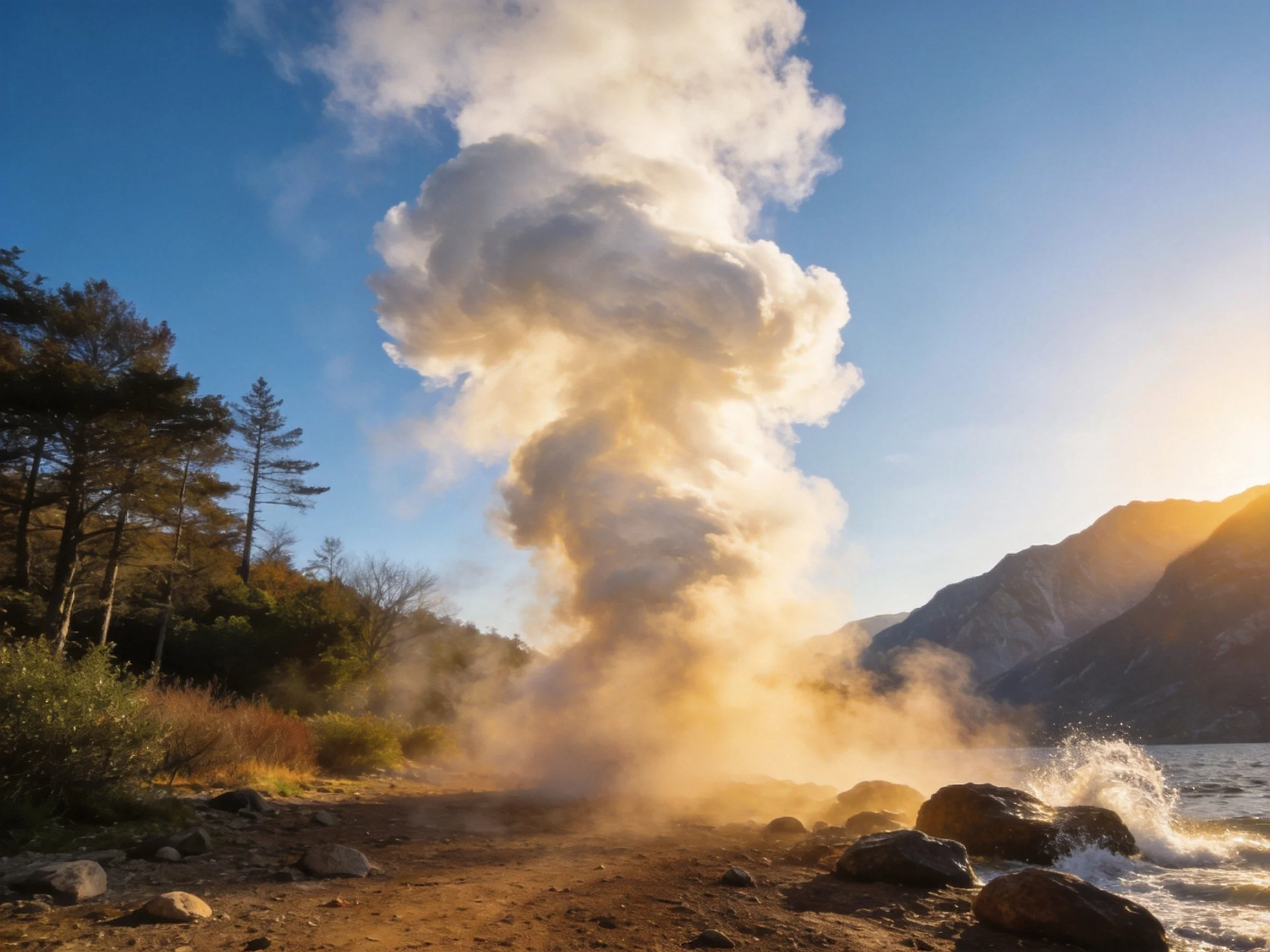 Steam erupts near a mountain lakeshore with rocky terrain