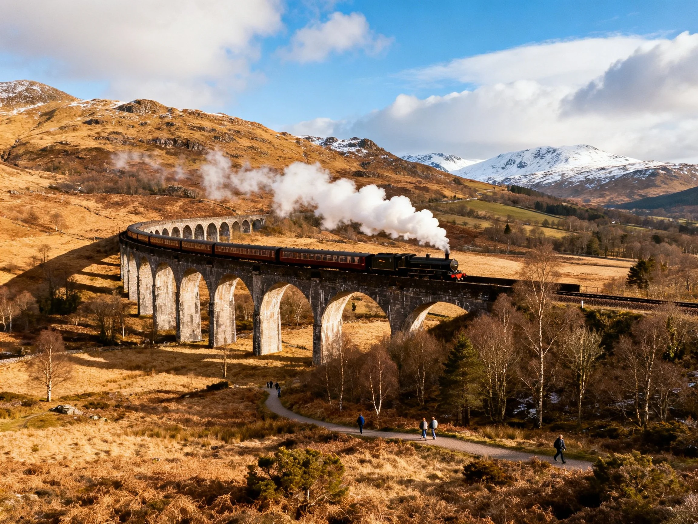 Steam locomotive crossing stone arch viaduct over mountain valley