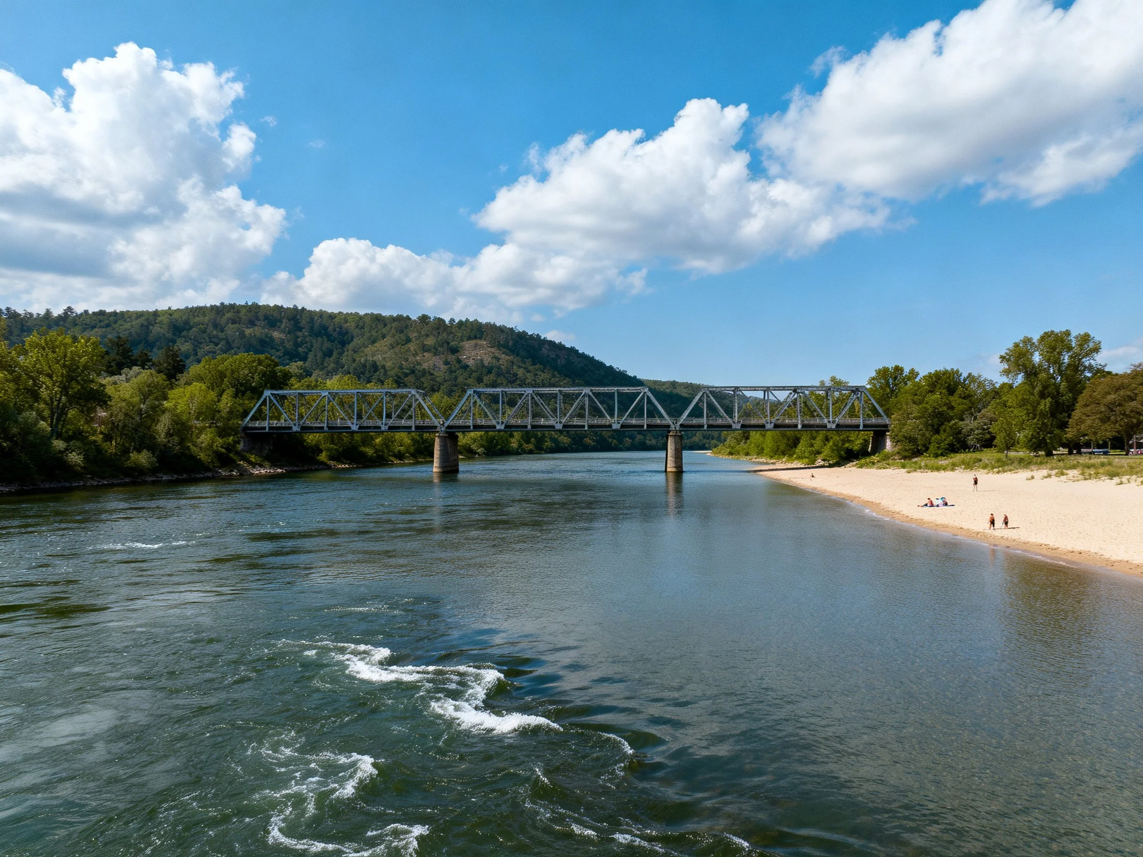 Steel truss bridge spanning a wide river near a sandy shore