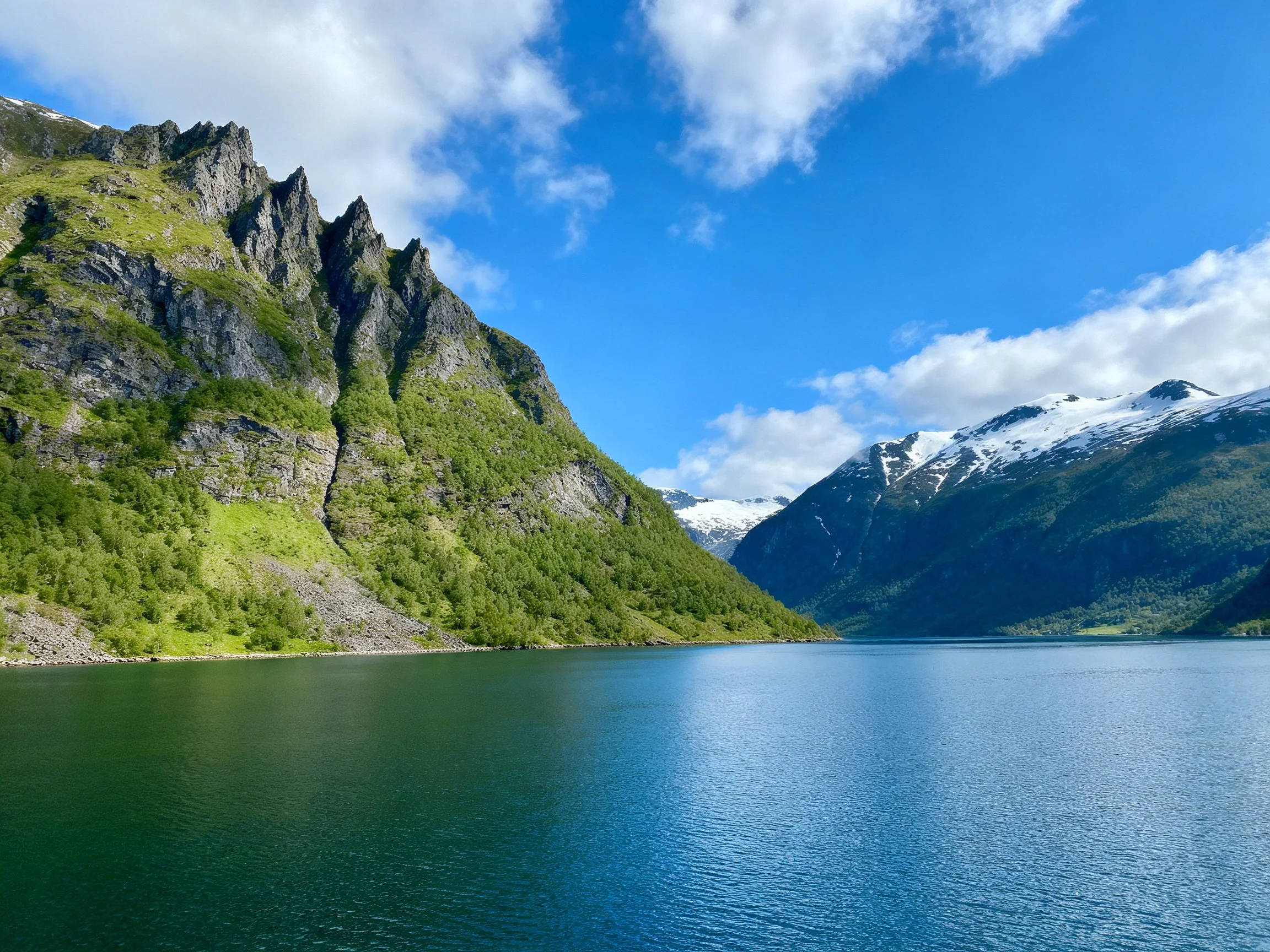 Steep forested mountains surround a deep fjord lake
