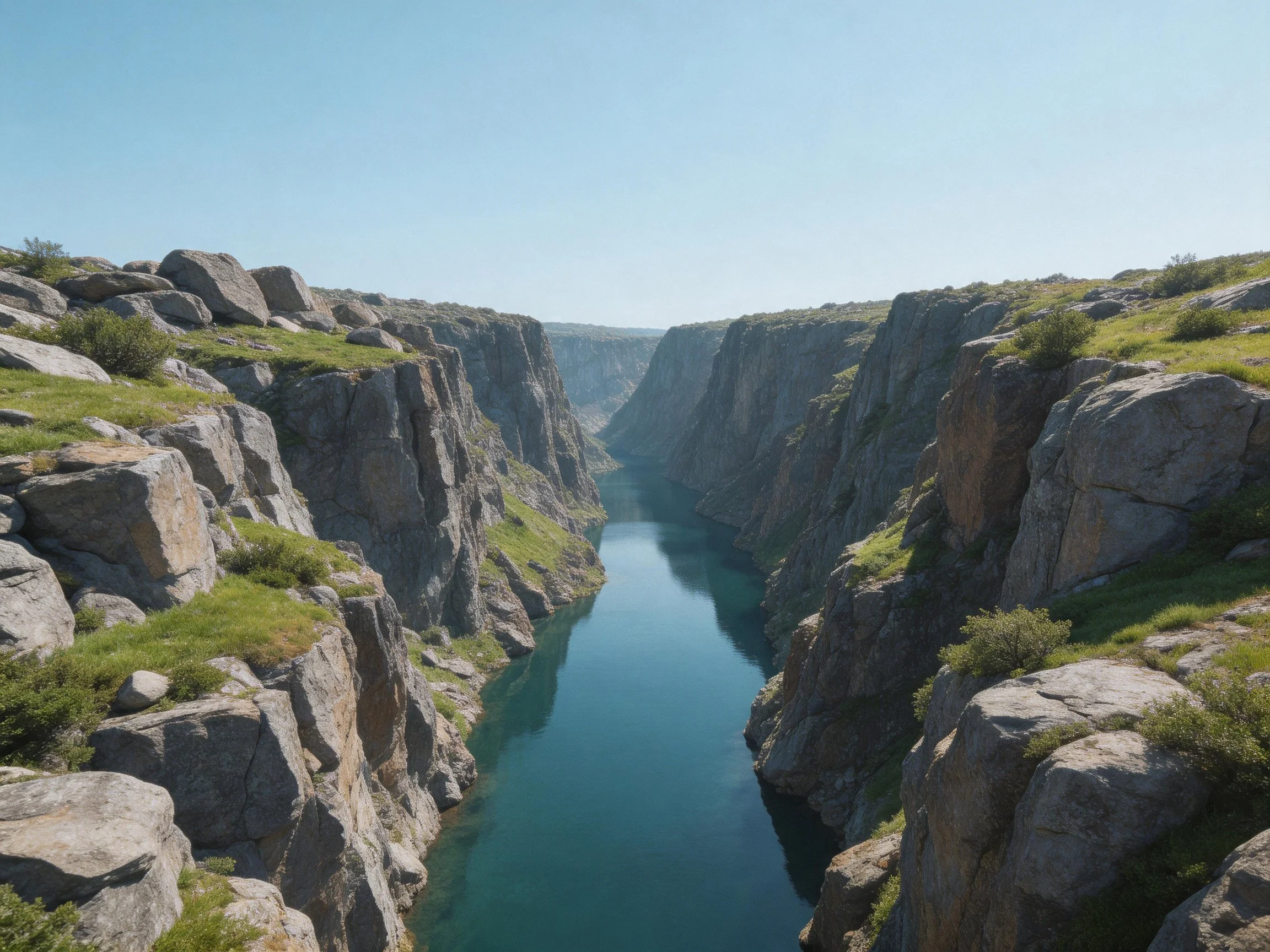 Steep gray rock cliffs frame a narrow turquoise river.