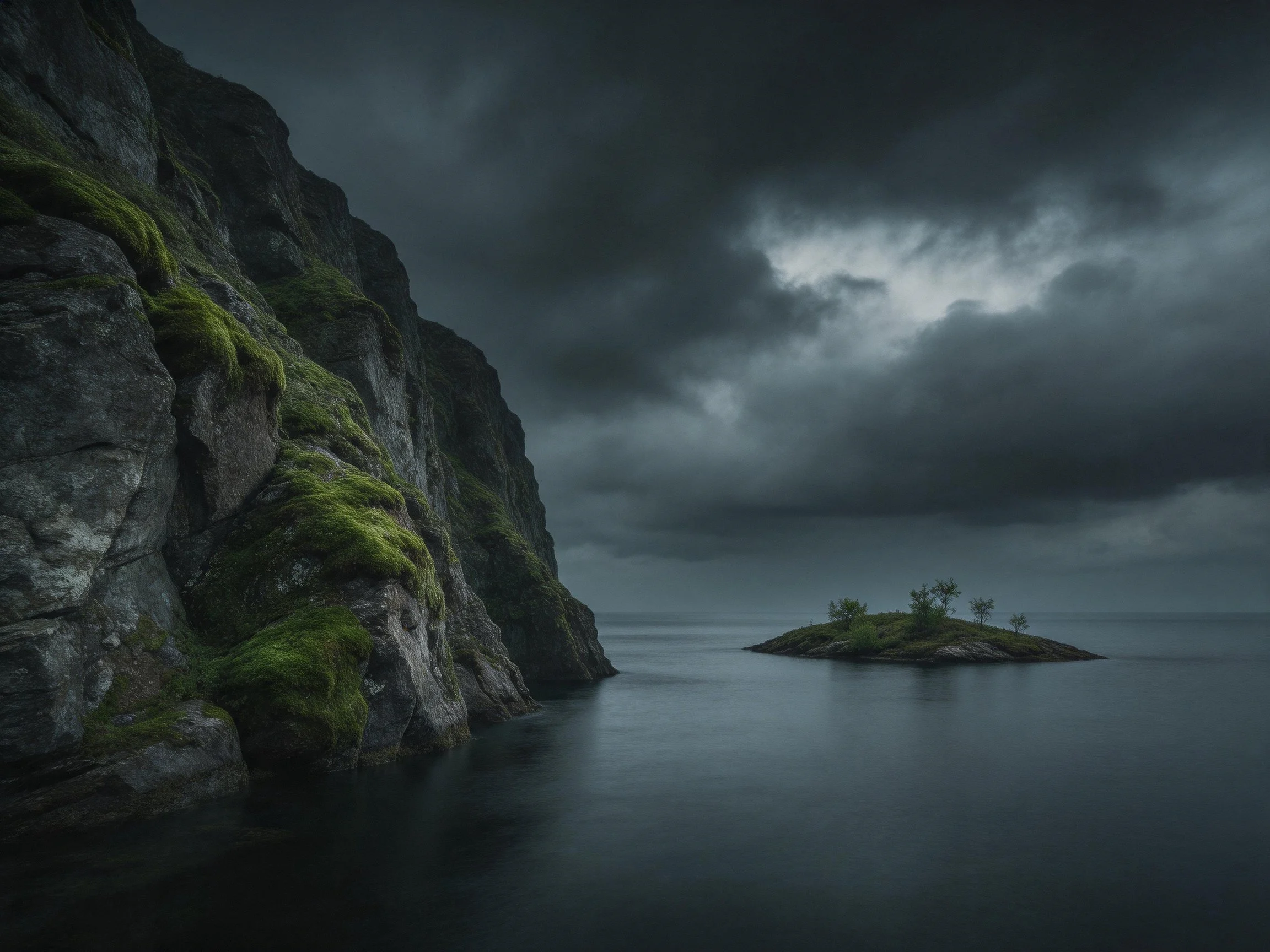 Steep moss-covered cliffs beside a small tree island under dark stormy skies