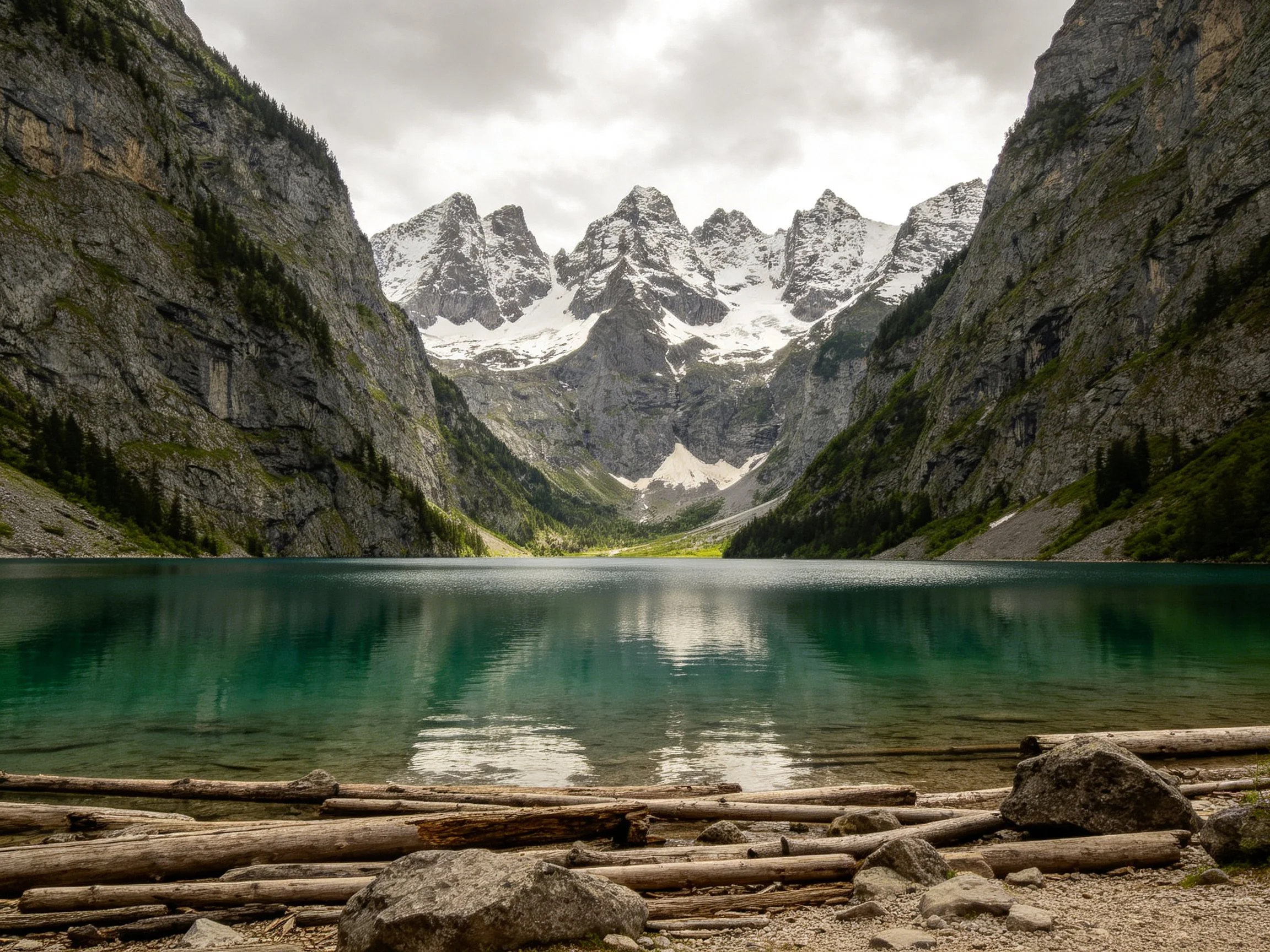 Steep rocky cliffs frame a turquoise alpine lake with snow-capped peaks
