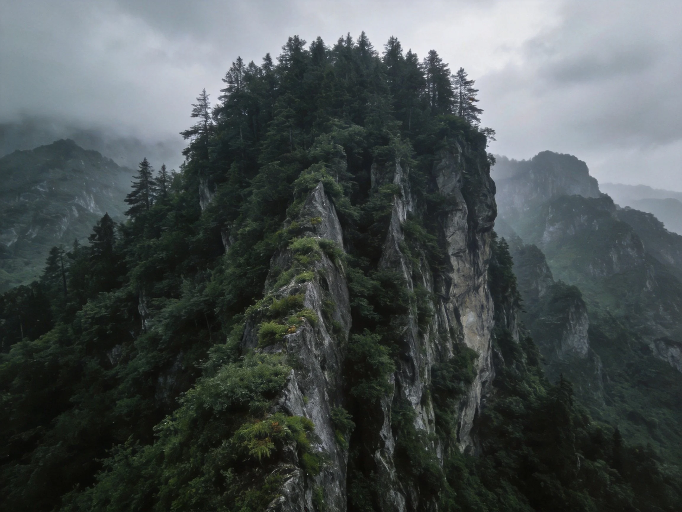 Steep rocky cliffs with dense evergreen forests under gloomy skies