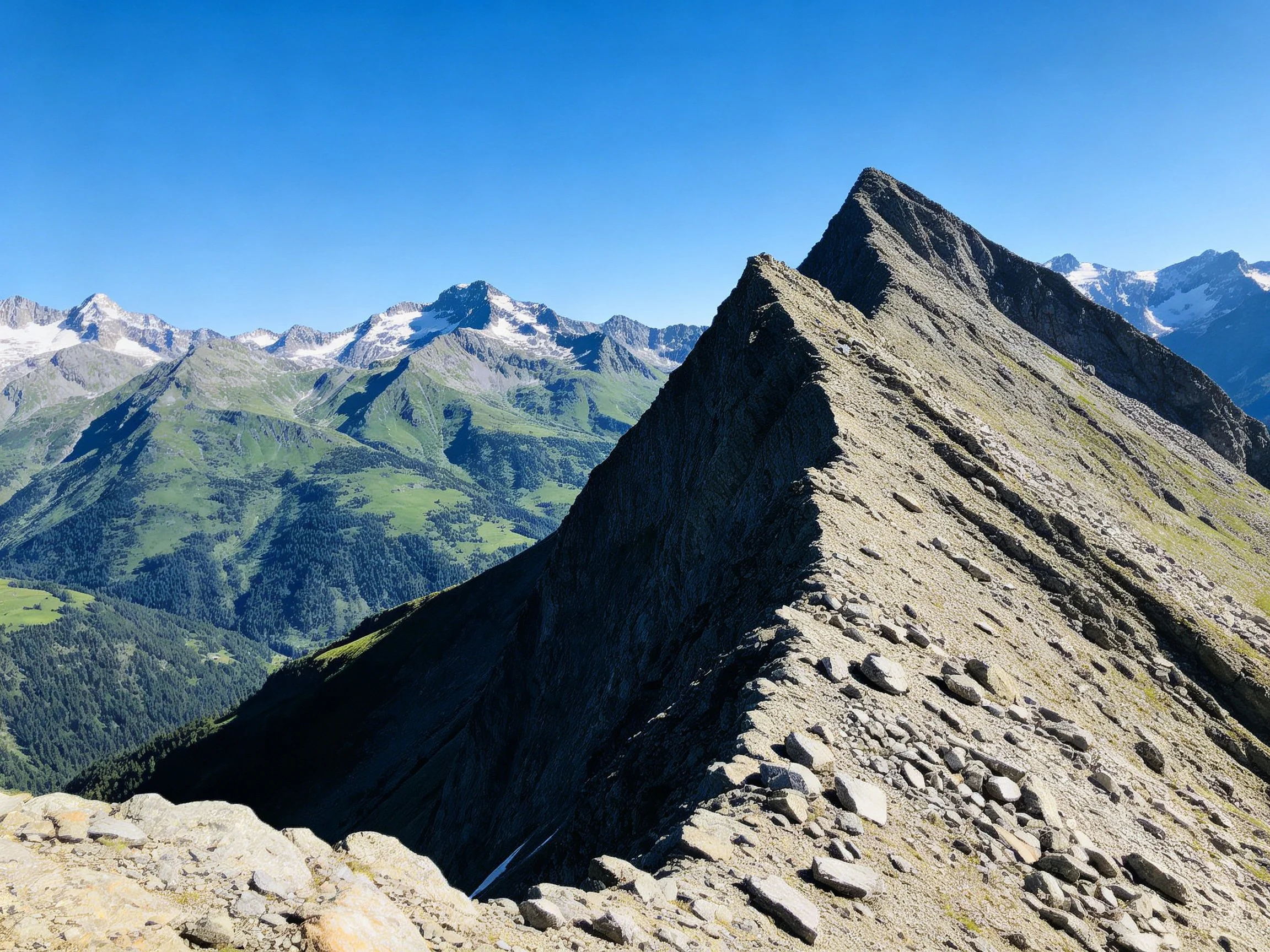 Steep rocky mountain ridge with green valleys and snow-capped peaks under bright blue sky