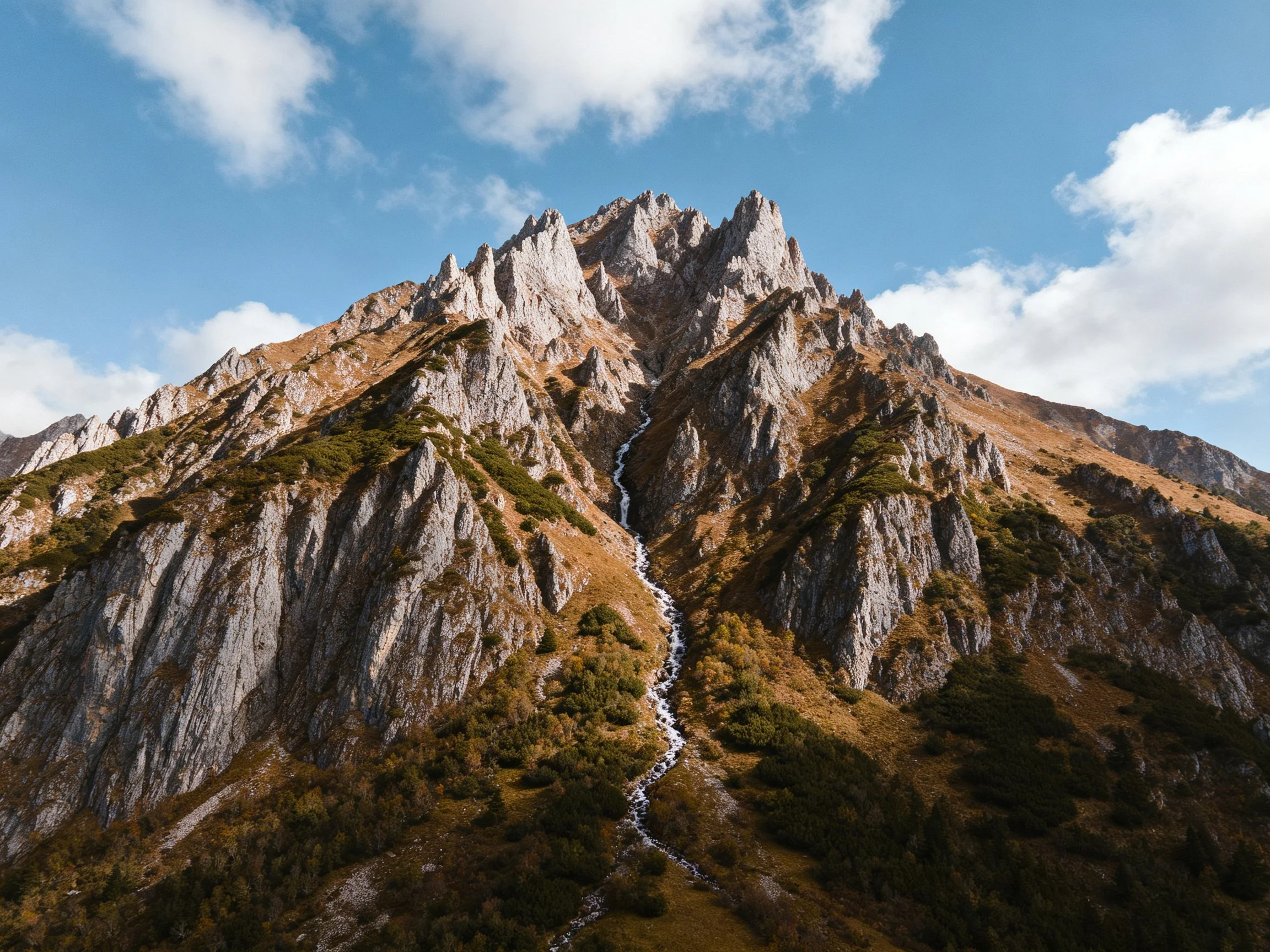 Steep rocky mountain with cascading stream and earth-toned slopes