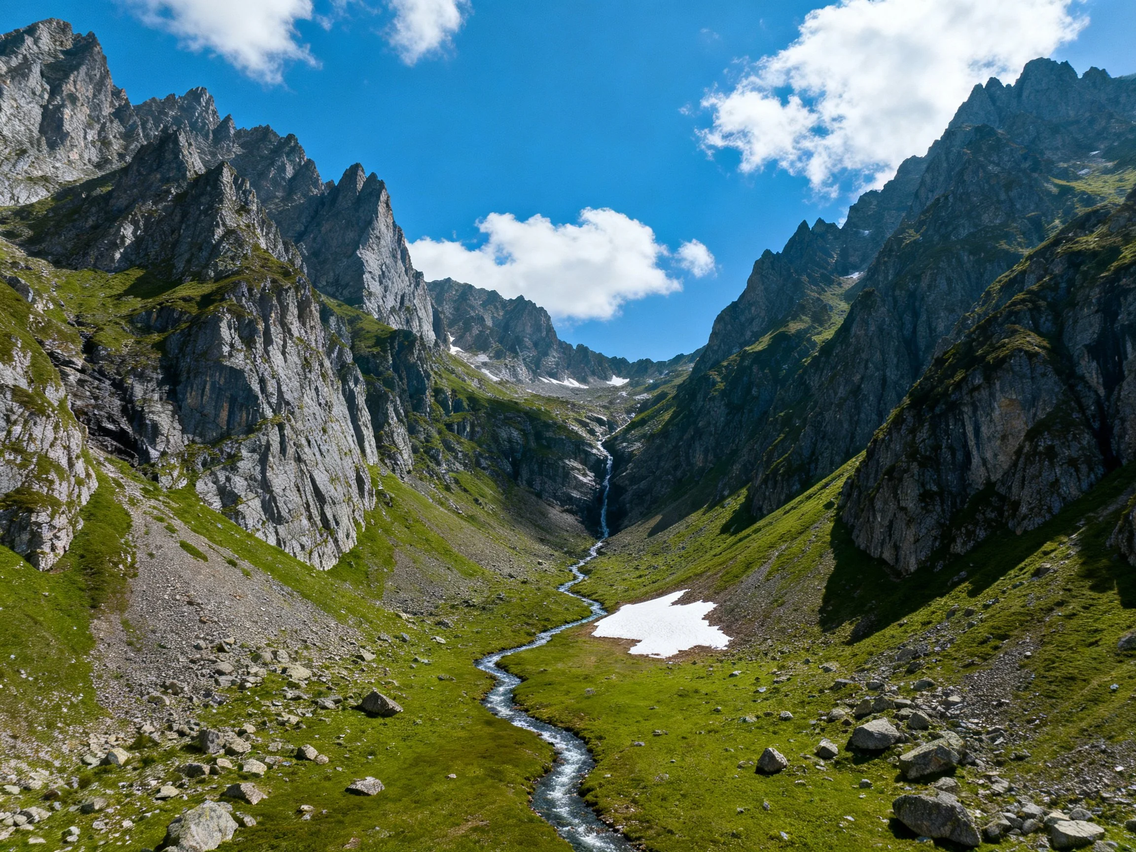 Steep rocky mountains enclose a winding stream with a snow patch in a lush valley