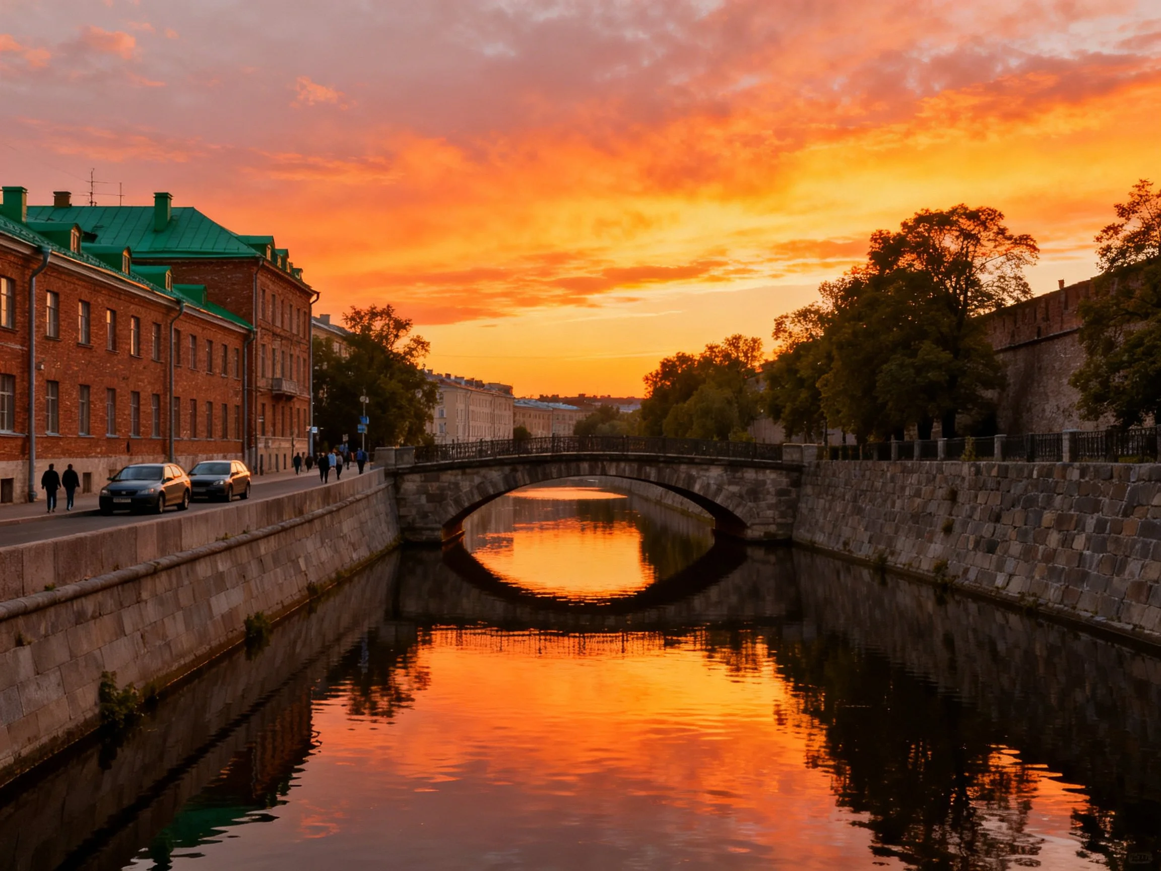 Stone Arch Bridge Spans Canal Under Fiery Sunset