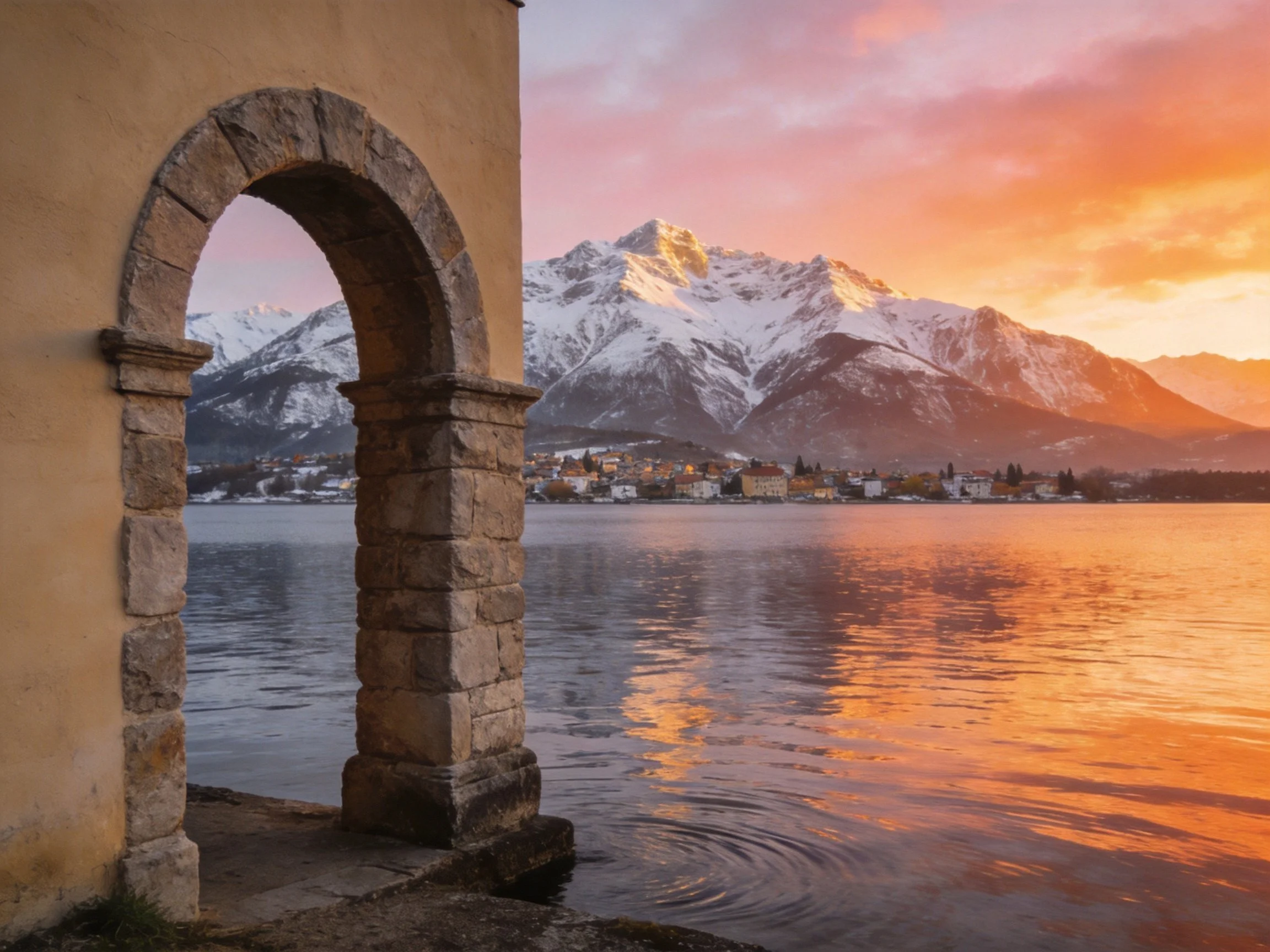 Stone Arch Overlooking Lake With Snow-Capped Mountains At Sunset