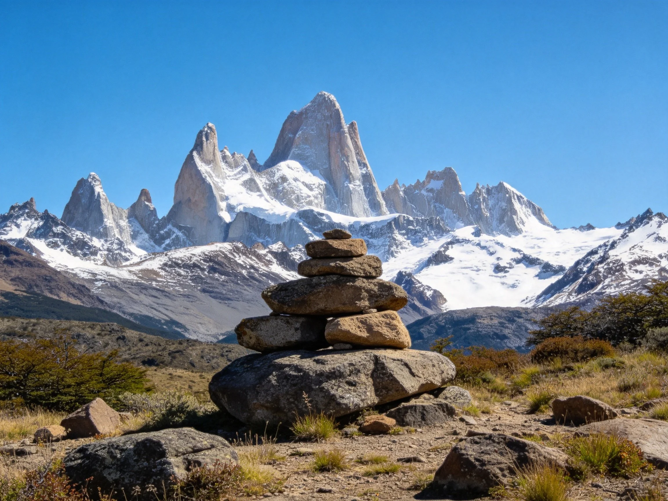 Stone Cairn Near Majestic Snow-Capped Peaks