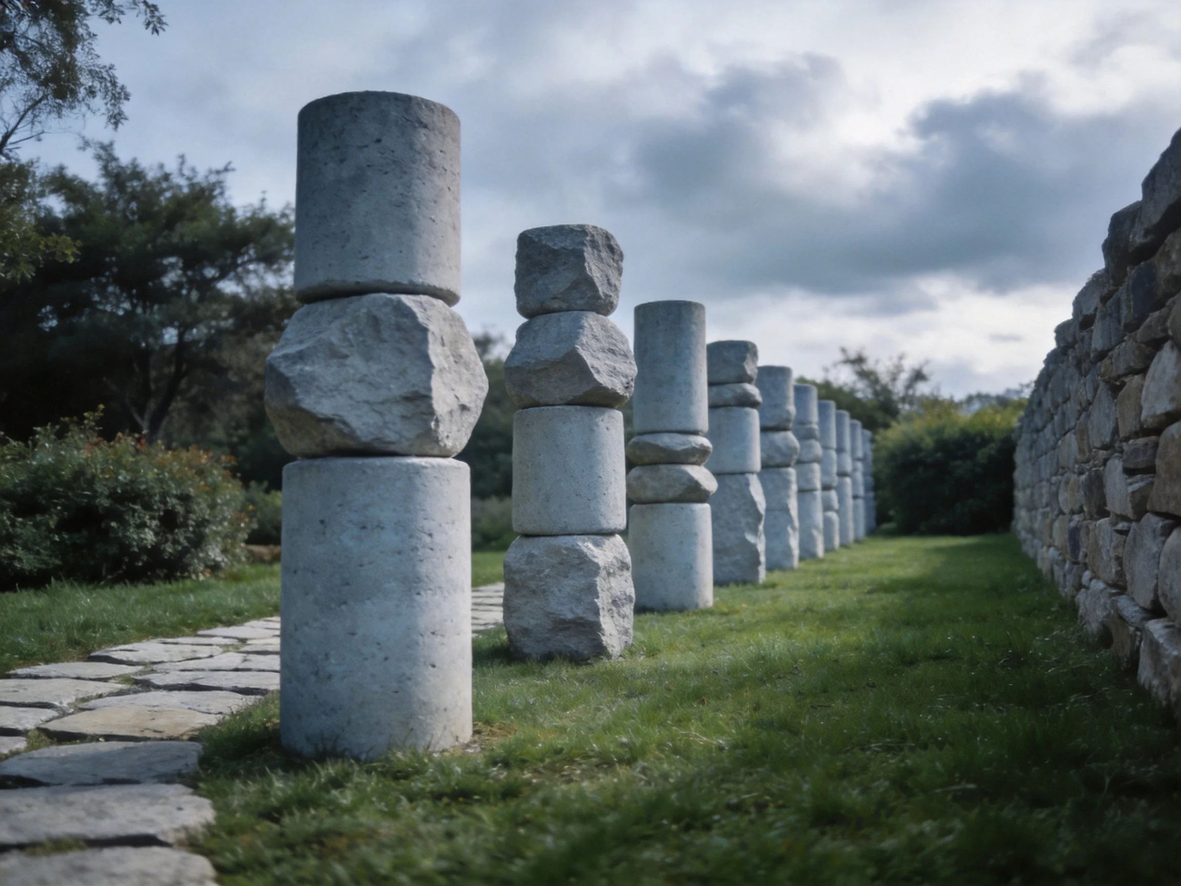 Stone Columns Lined Up Along a Grassy Path Near a Stone Wall