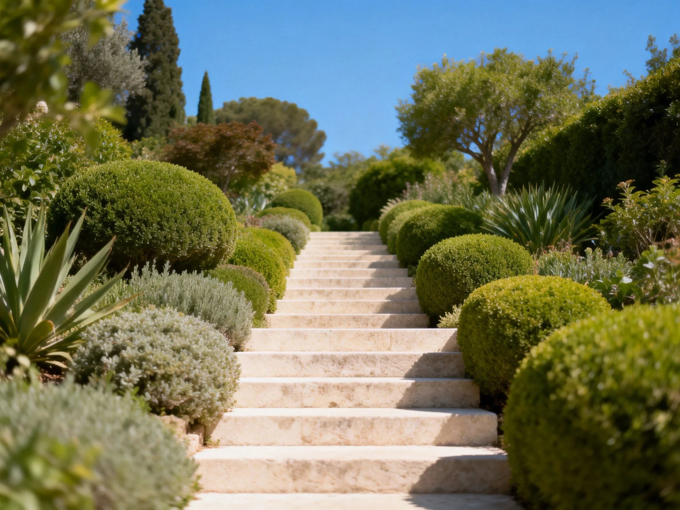 Stone Staircase Flanked by Diverse Greenery