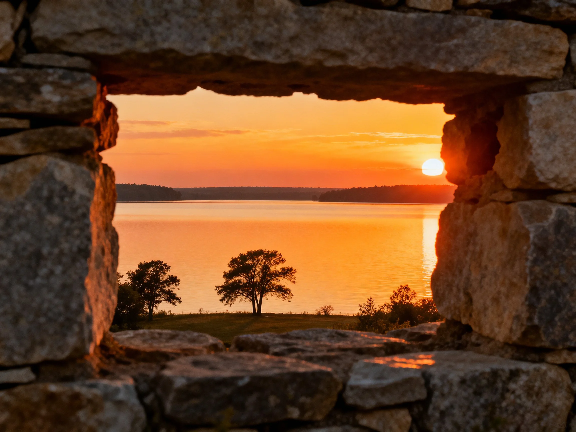Stone Window Frame View of Golden Sunset Over Calm Lake With Silhouetted Trees