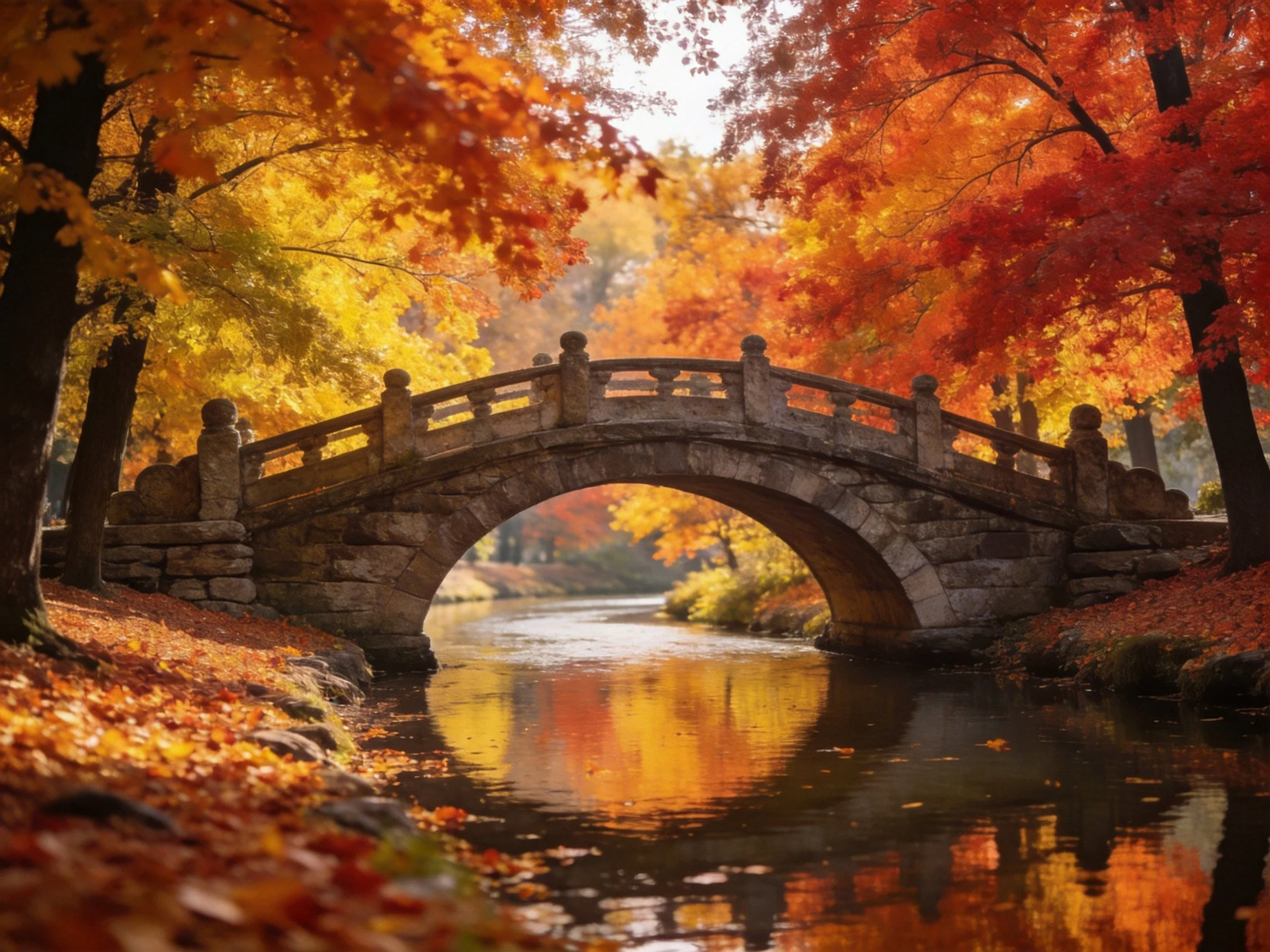 Stone arch bridge spans calm stream with vibrant fall foliage