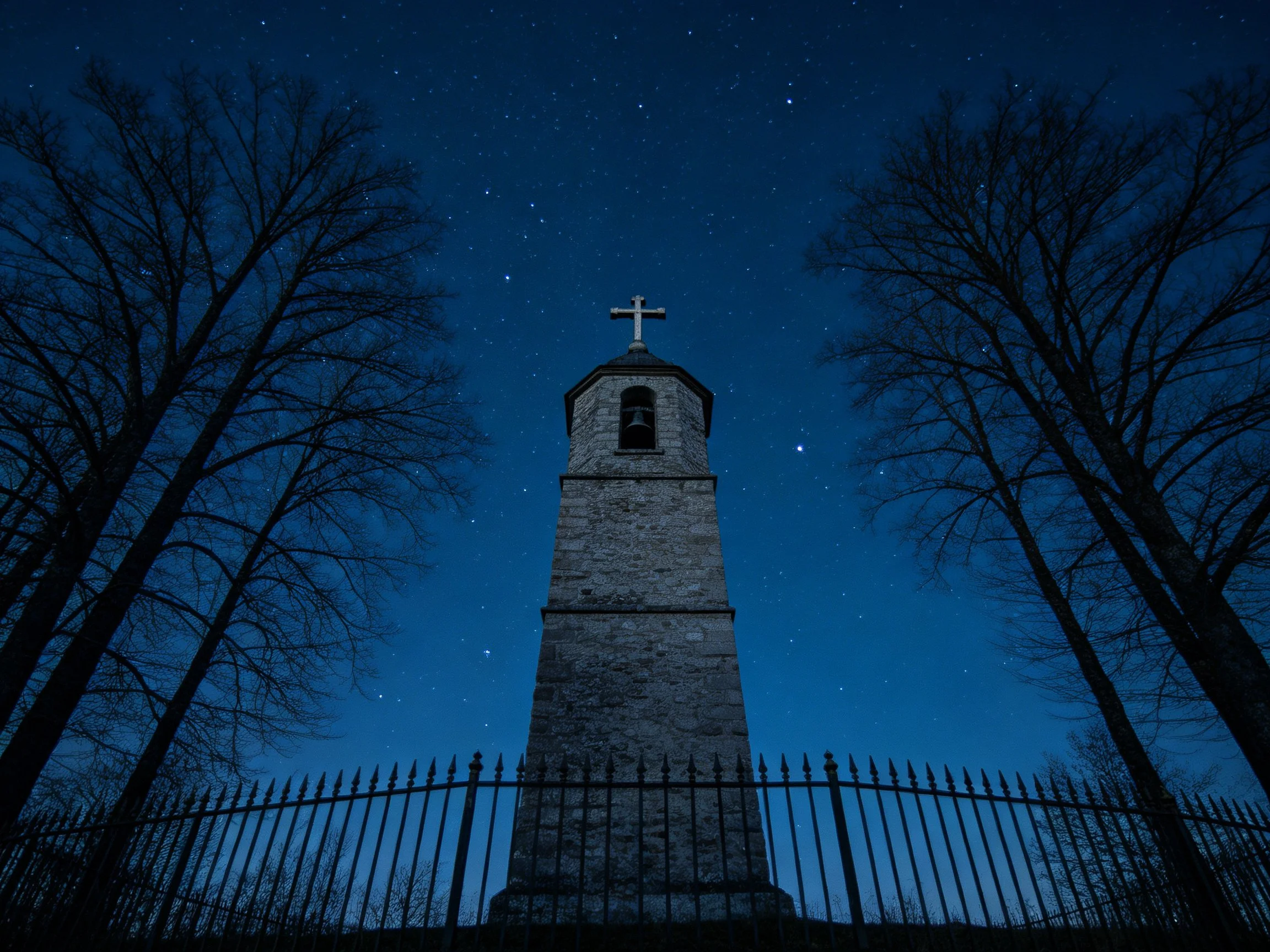Stone bell tower with cross beneath starry night sky