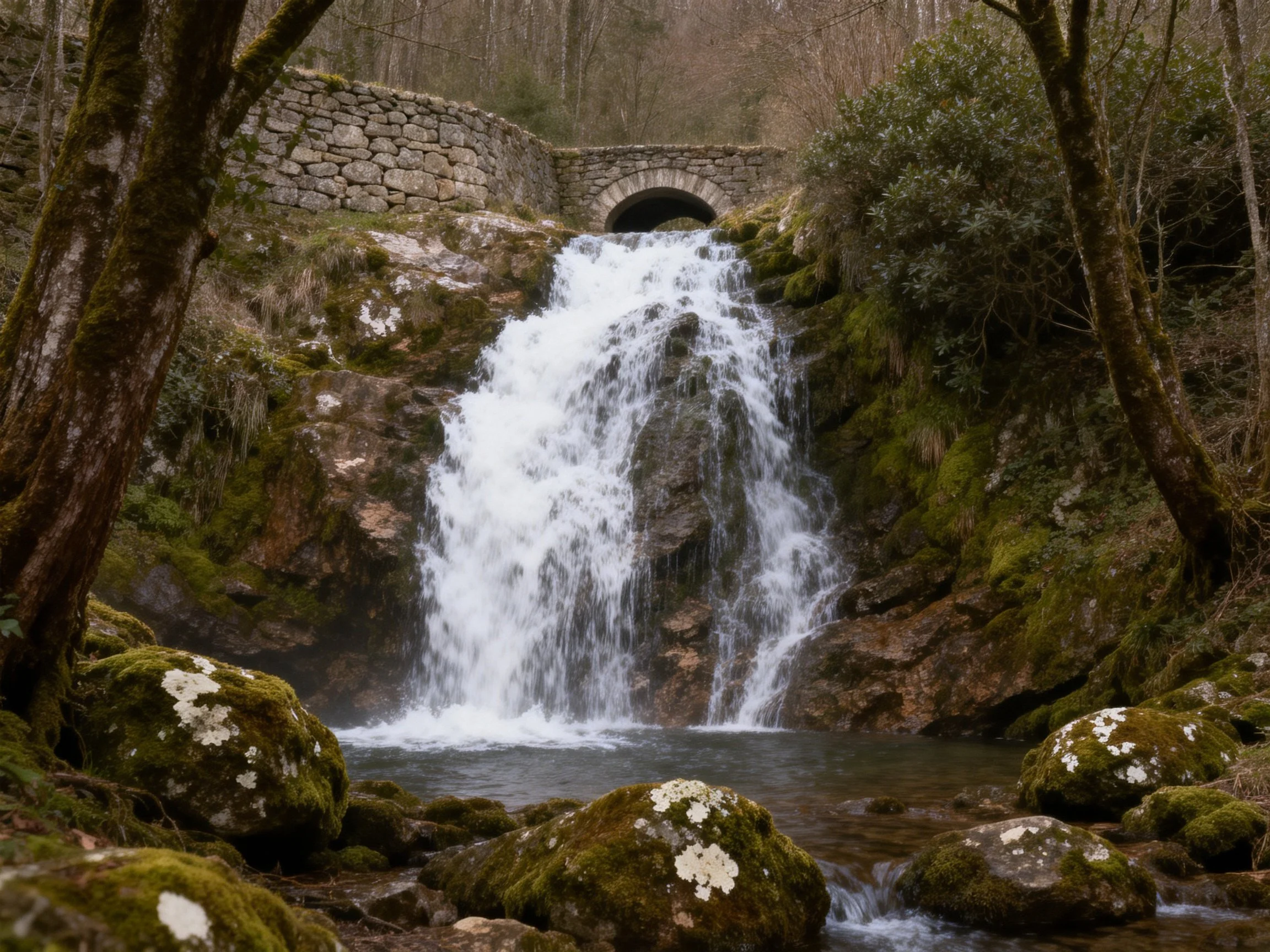 Stone bridge over mossy waterfall in forest setting