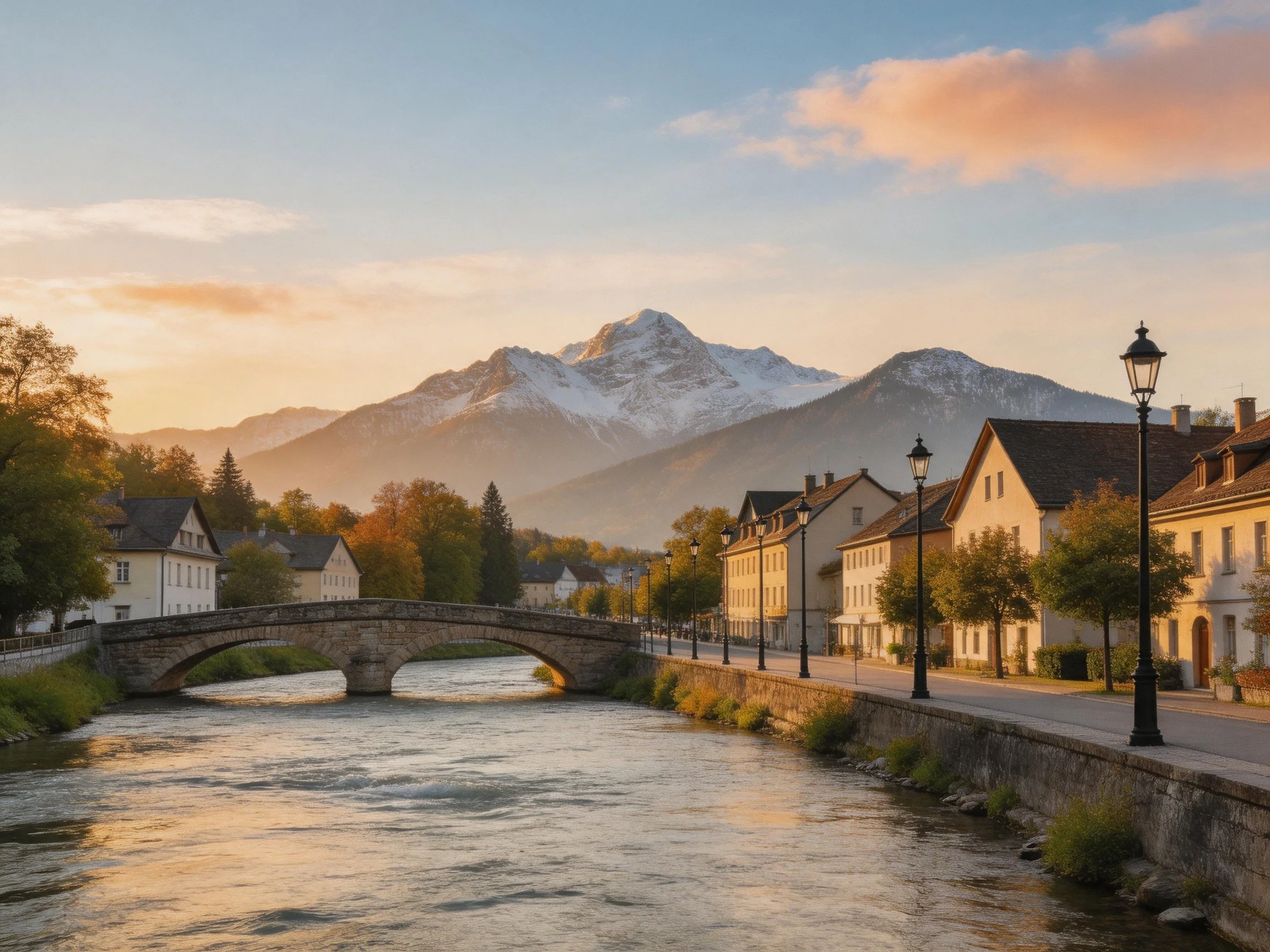 Stone bridge spans calm river near historic town with snow-capped mountains at sunset
