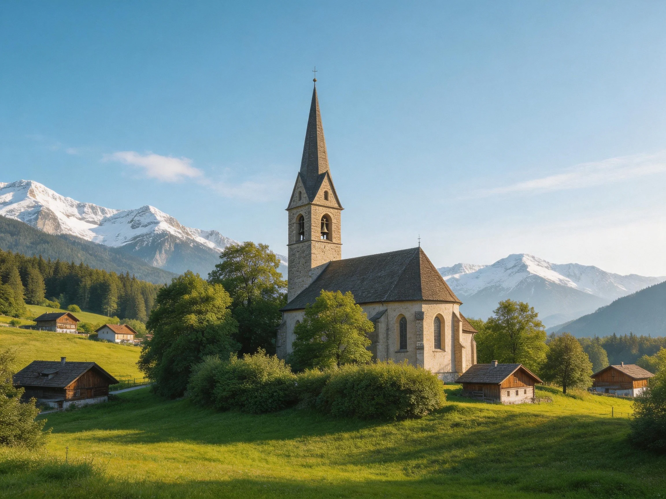 Stone church with tall spire near green meadows and snow-capped mountains