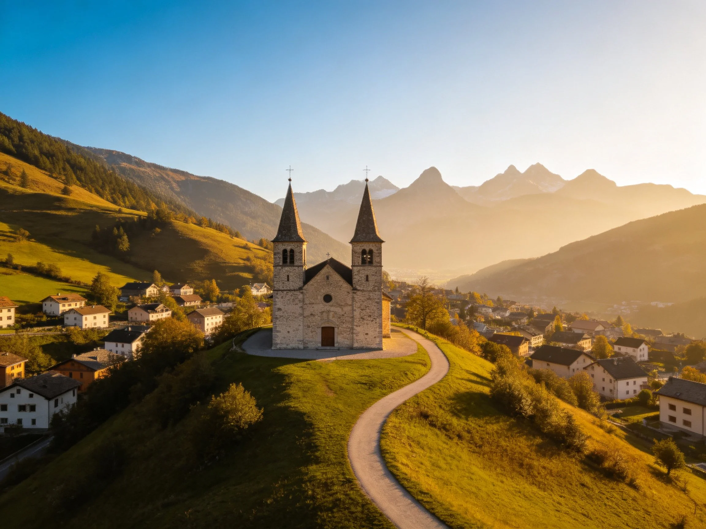 Stone church with twin spires atop a grassy hill near mountain village